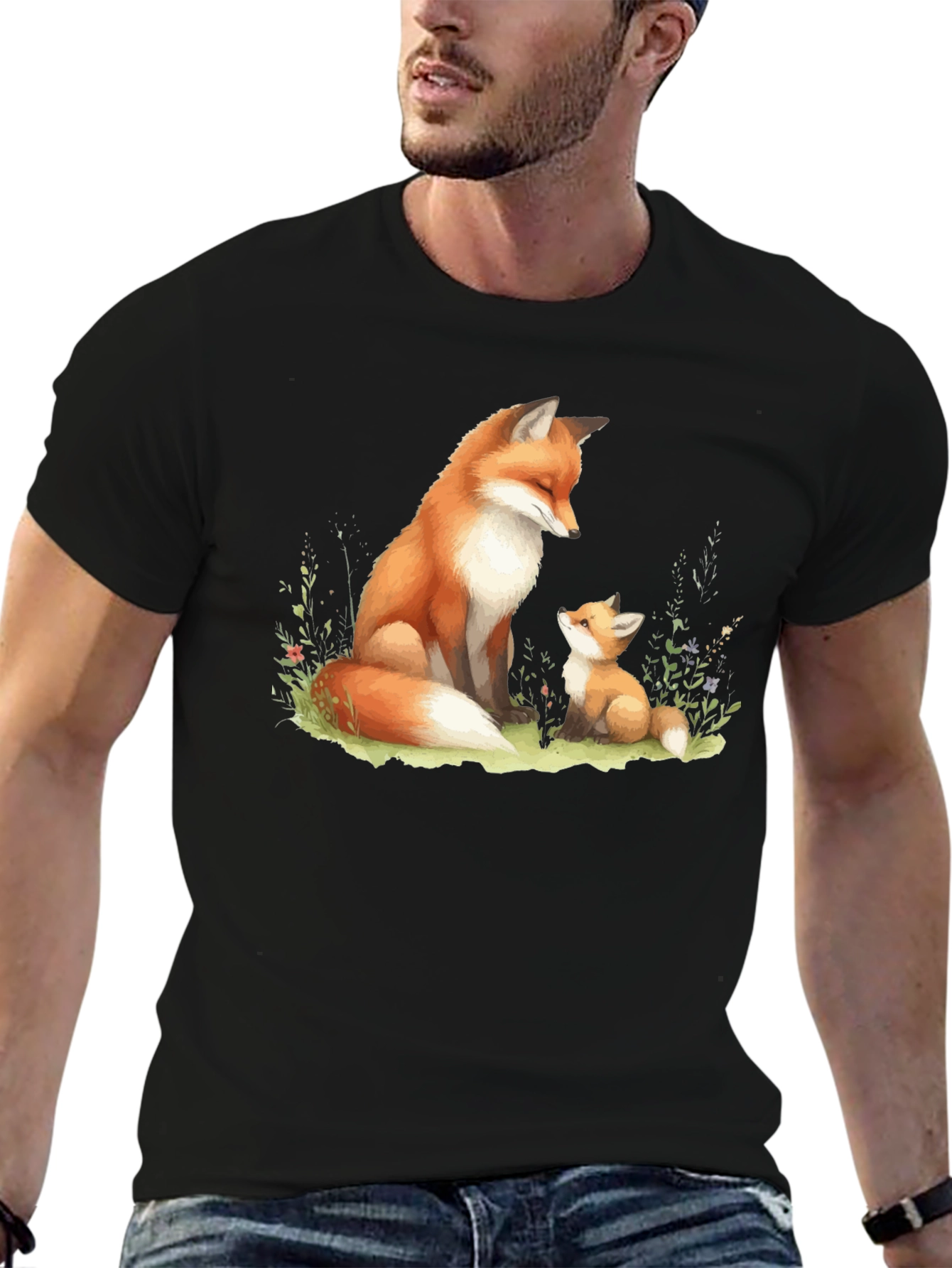 Black Fox & Cub Graphic Tee - Soft Cotton Blend Shirt view 6