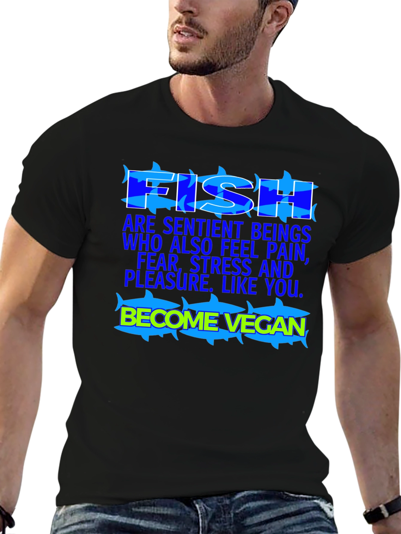 Black Vegan Fish T-Shirt: Sentient Beings view 6