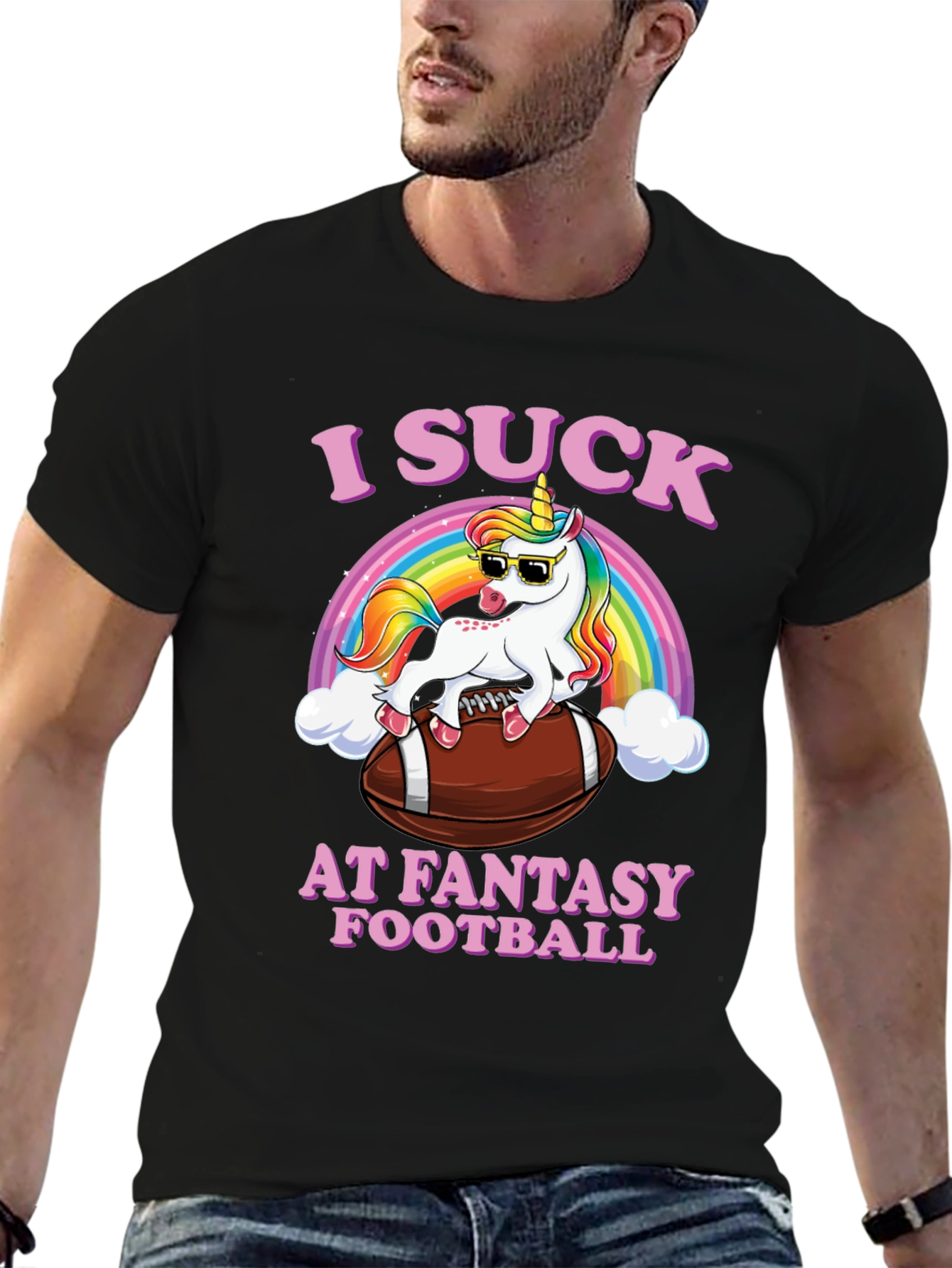 Black I Suck at Fantasy Football Unicorn T-Shirt view 6