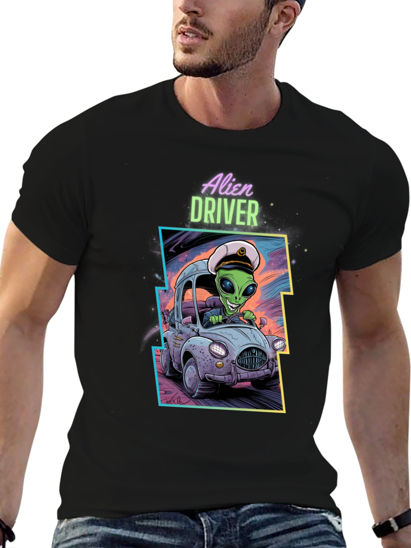 Black Alien Driver Graphic T-Shirt - Black Crew Neck Tee view 6