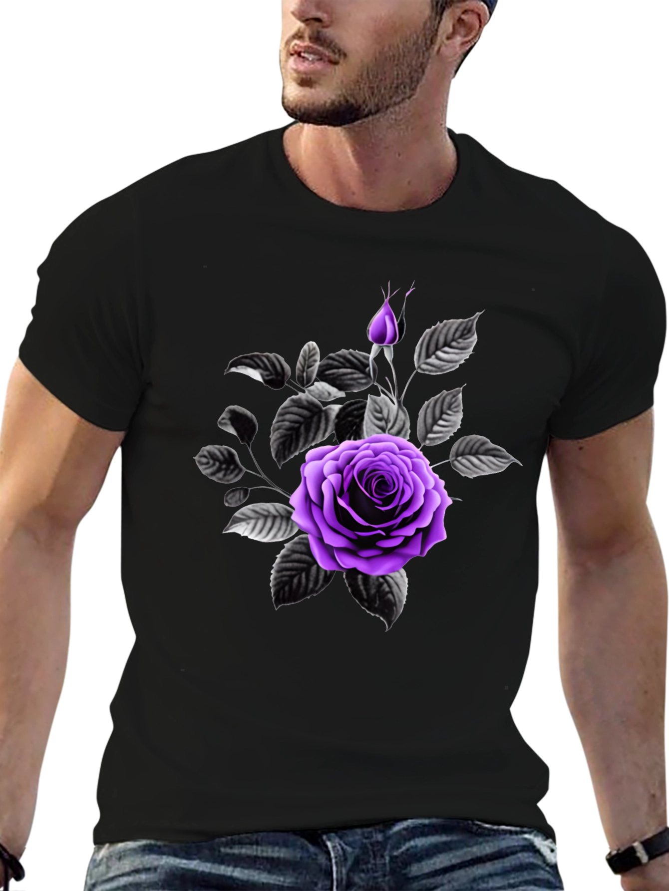 Black Black T-Shirt with Purple Rose Graphic view 6