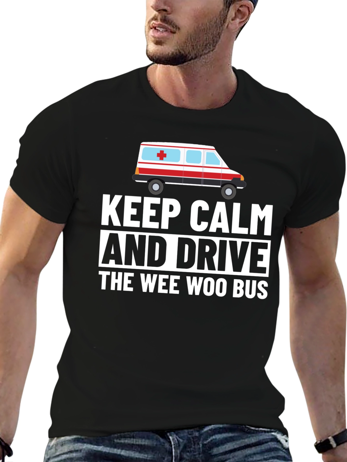 Black Keep Calm and Drive The Wee Woo Bus Funny T-Shirt view 6