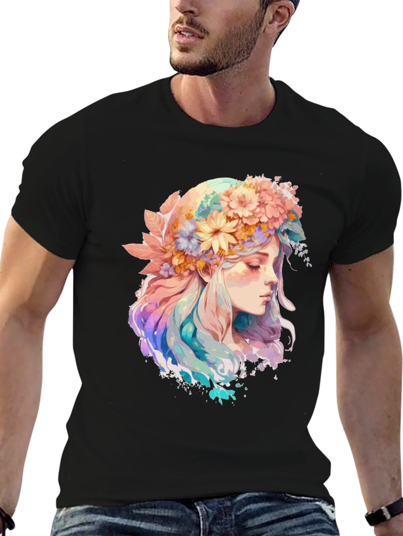 Black Floral Crown Girl Graphic Tee - Black Cotton Shirt view 6