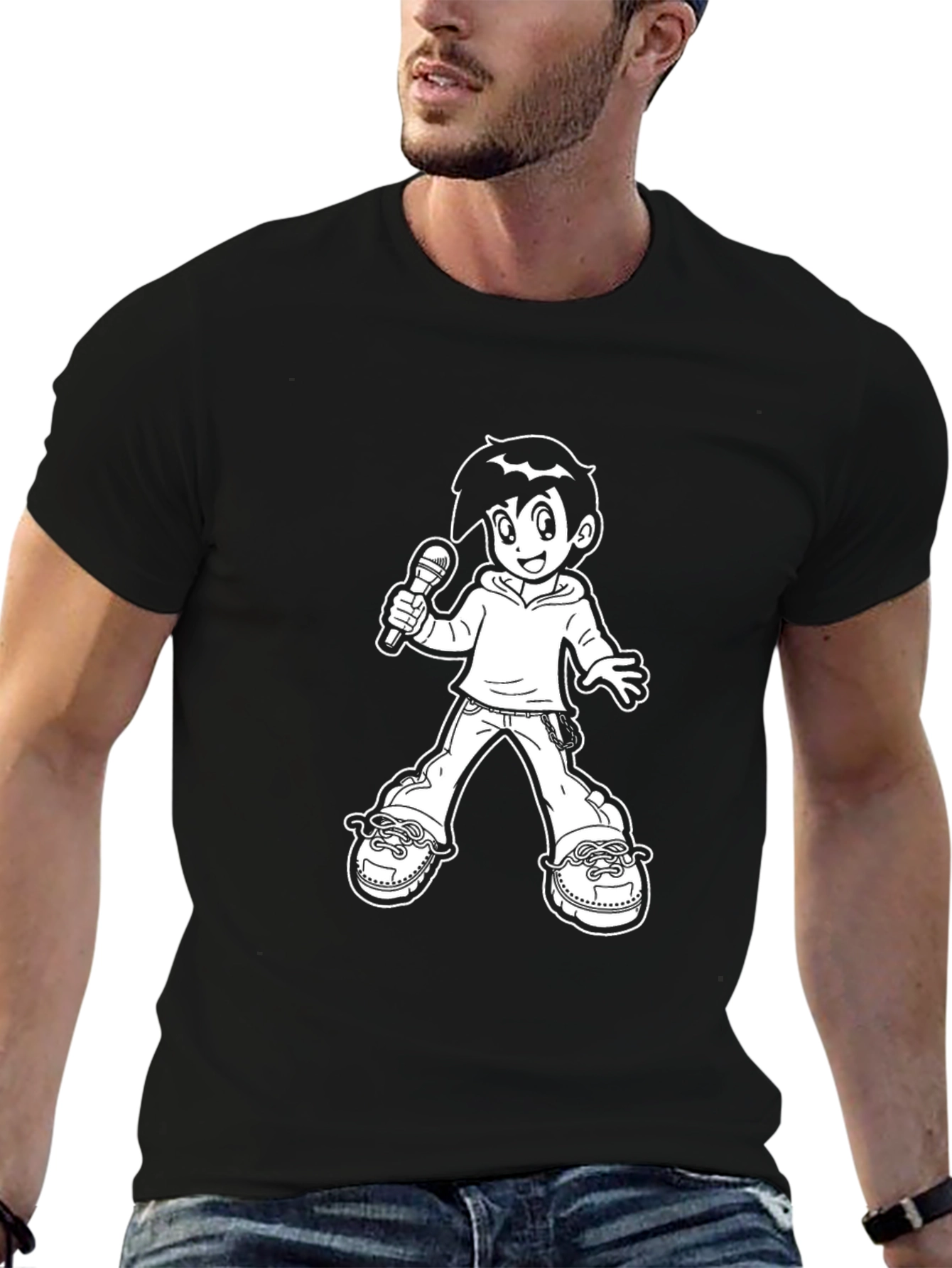 Black Black T-Shirt with Cartoon Singer Graphic view 6