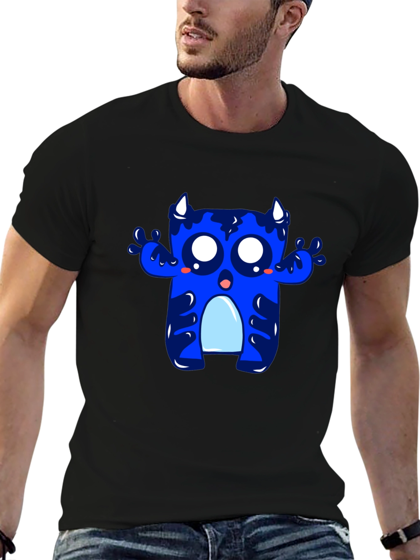 Black Cute Blue Monster Graphic Tee - Black Cotton T-Shirt view 6