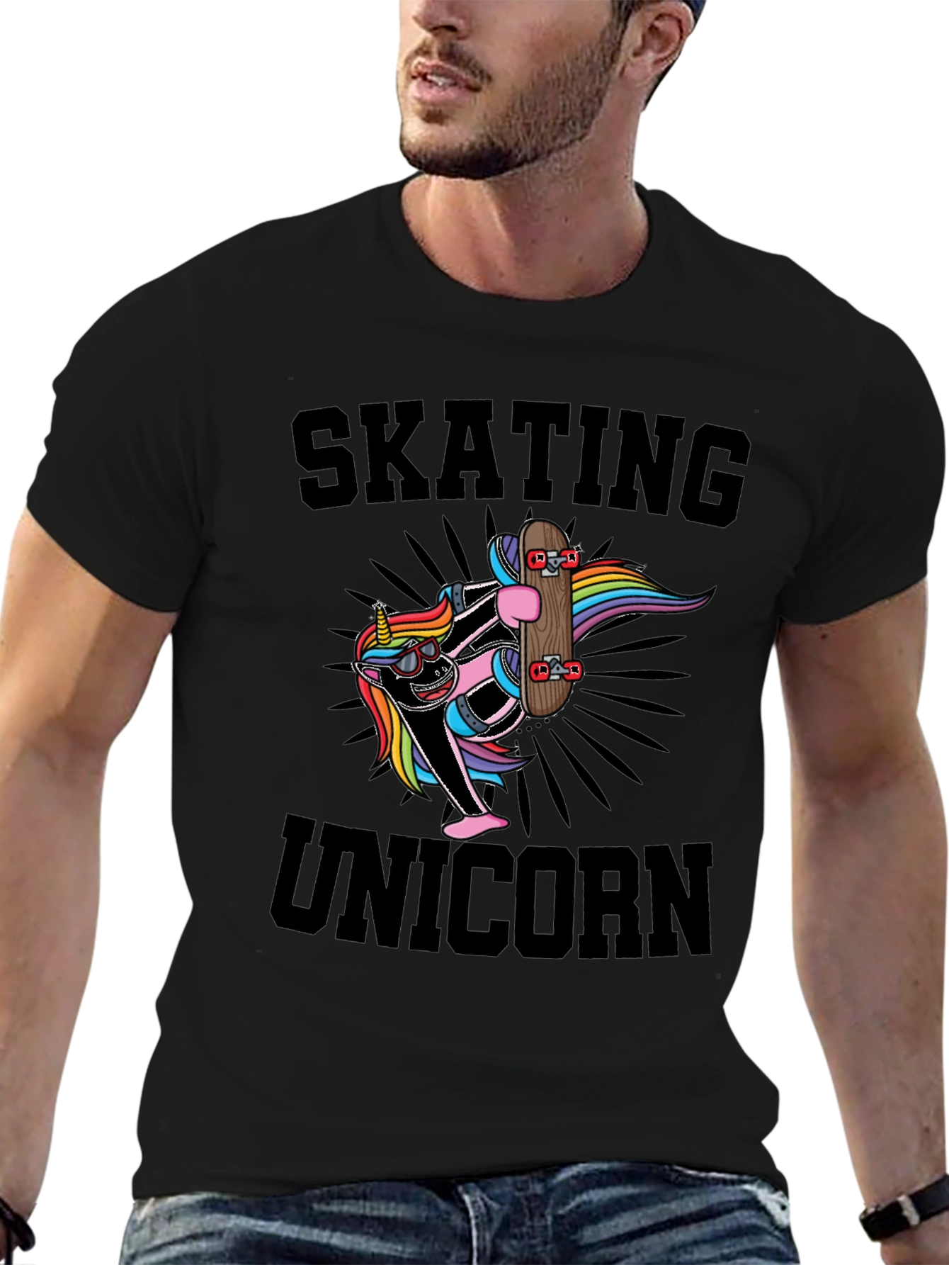 Black Skating Unicorn Black T-Shirt Cool Graphic Tee view 6