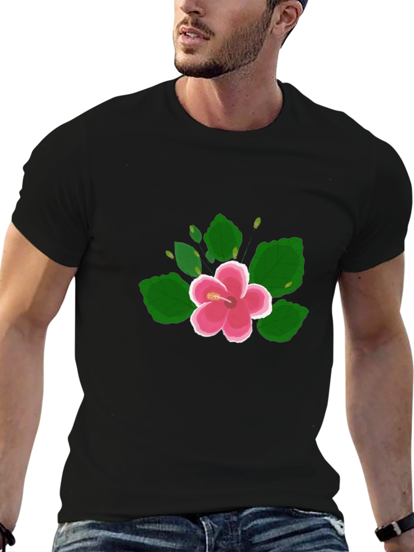 Black Hibiscus Flower Graphic Black T-Shirt view 6