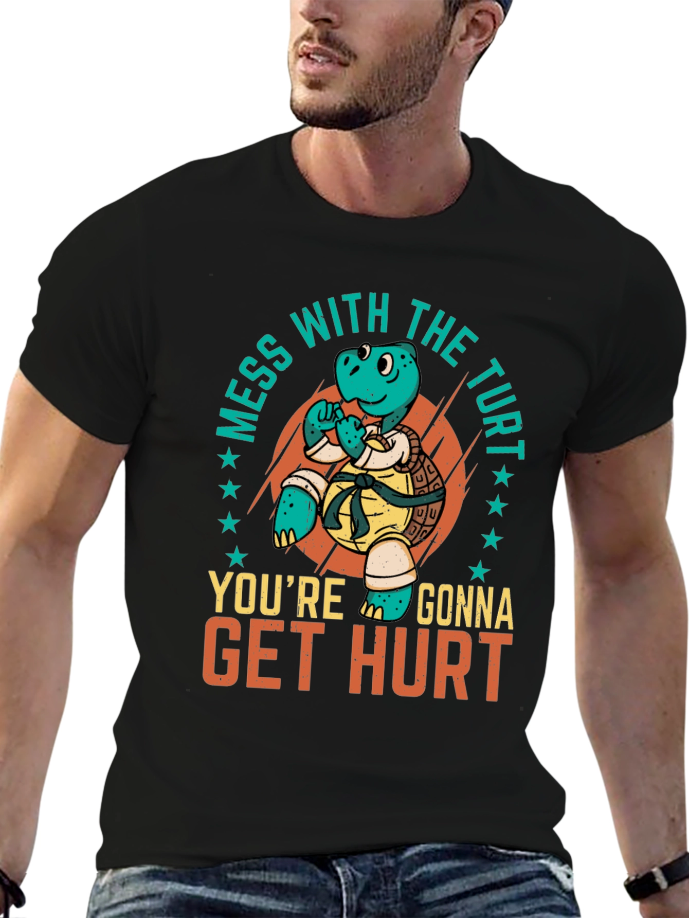 Black Martial Arts Turtle T-Shirt - Mess with the Turt view 6