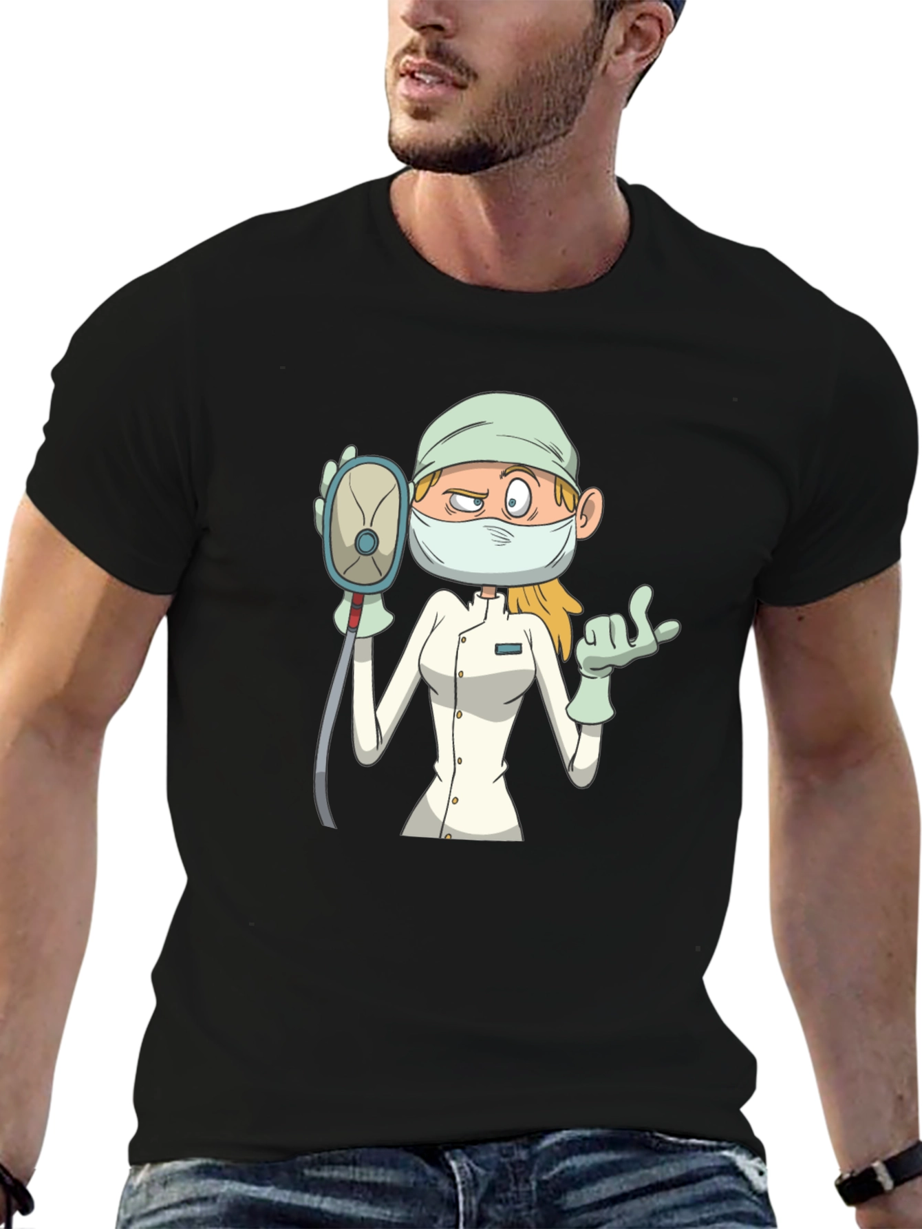 Black Cartoon Nurse T-Shirt - Unisex Black Tee view 6