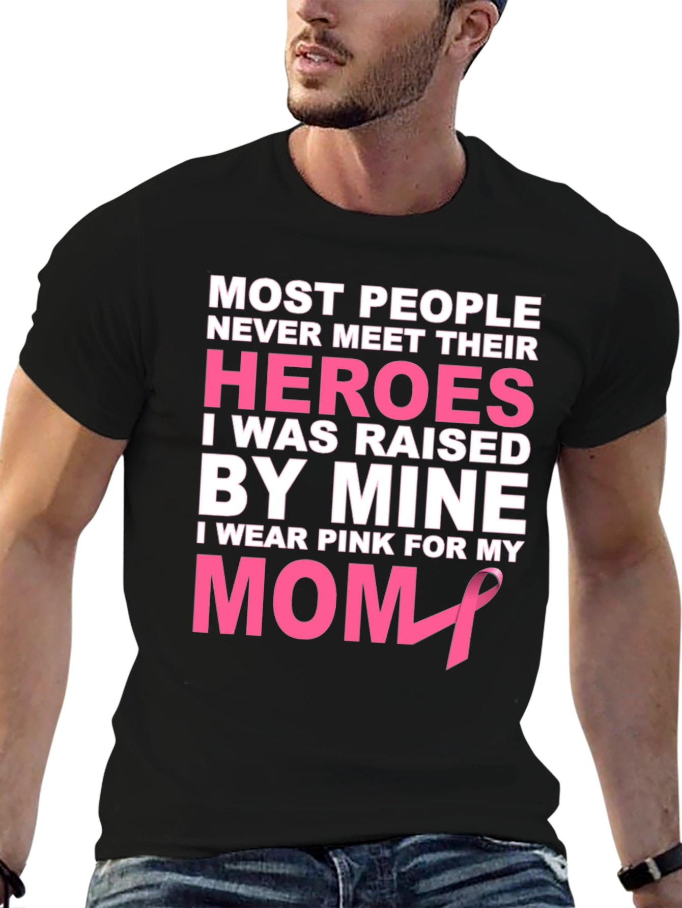 Black Pink Ribbon Mom Hero T-Shirt view 6