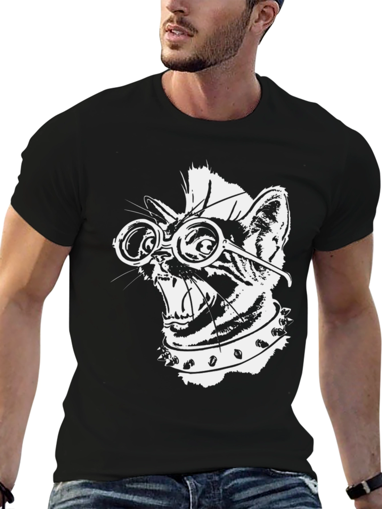 Black Punk Rock Cat T-Shirt - Cool Graphic Tee view 6