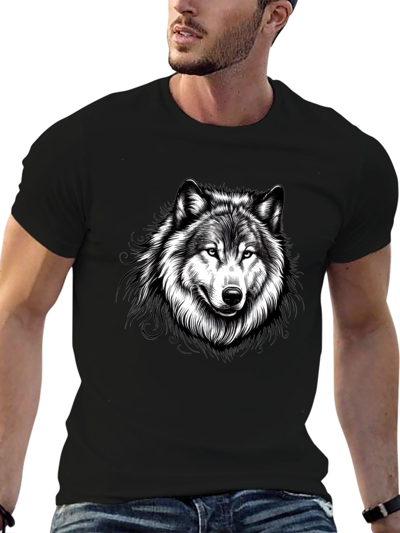 Black Black Wolf Graphic Print Men's T-Shirt view 6