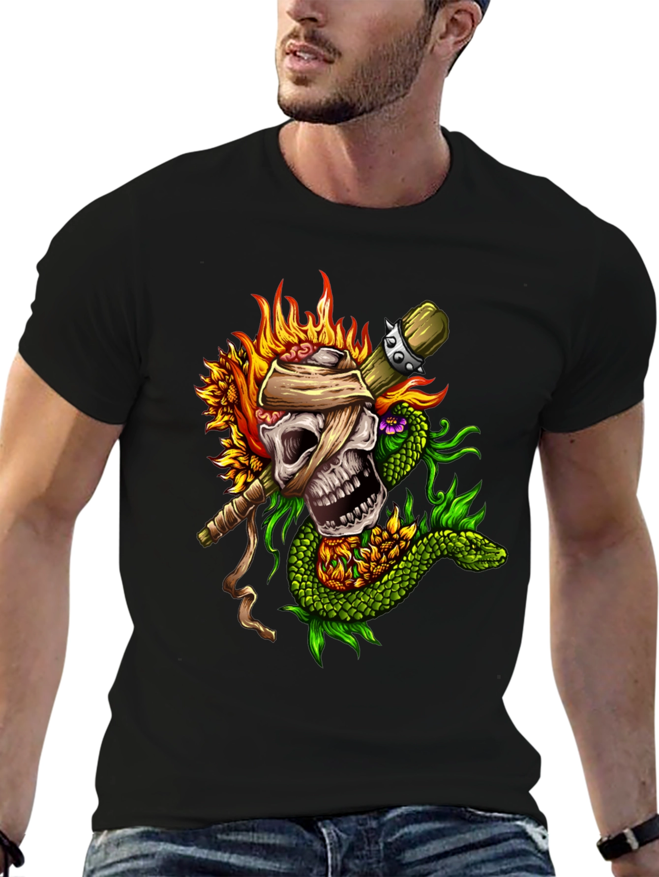 Skull, Snake, Sunflowers Black T-Shirt - 6