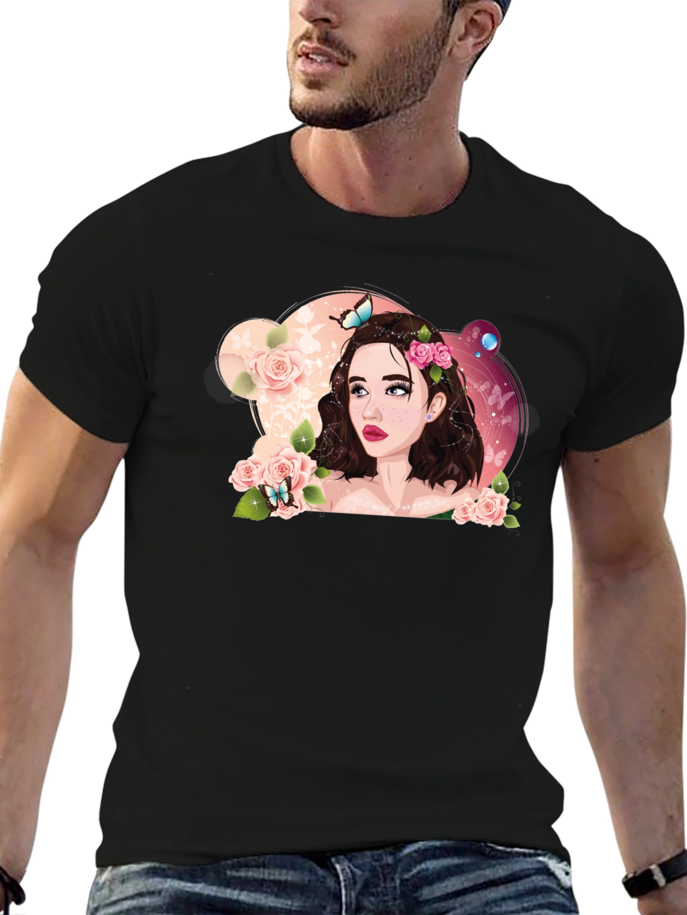Black Floral Portrait Black T-Shirt view 6