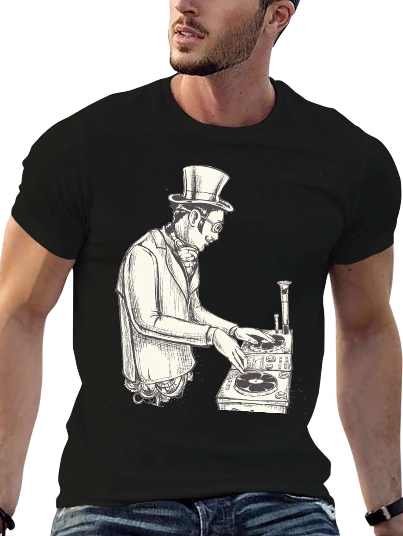 Black Steampunk DJ Graphic T-Shirt - Black view 6