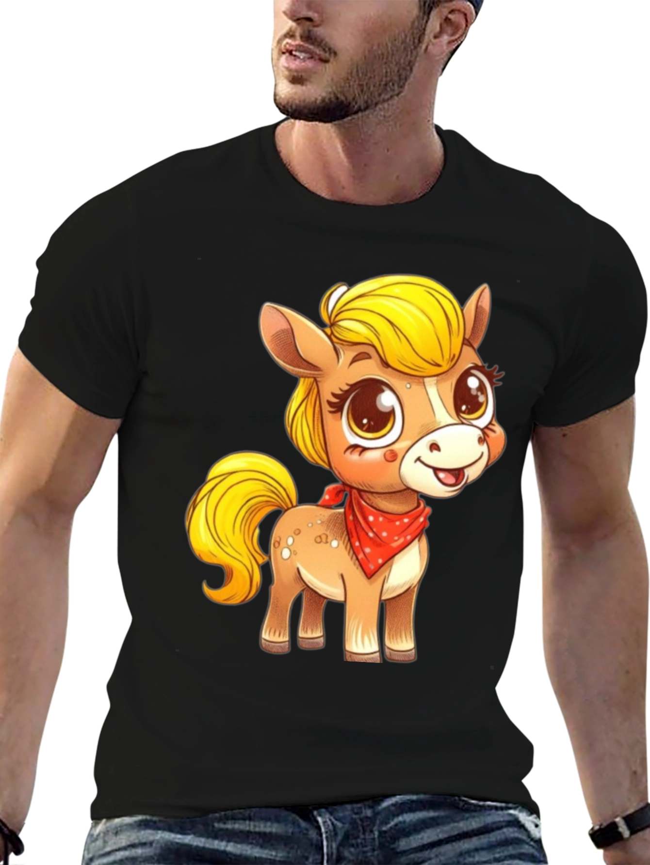 Black Cute Pony Cartoon Graphic Black T-Shirt view 6