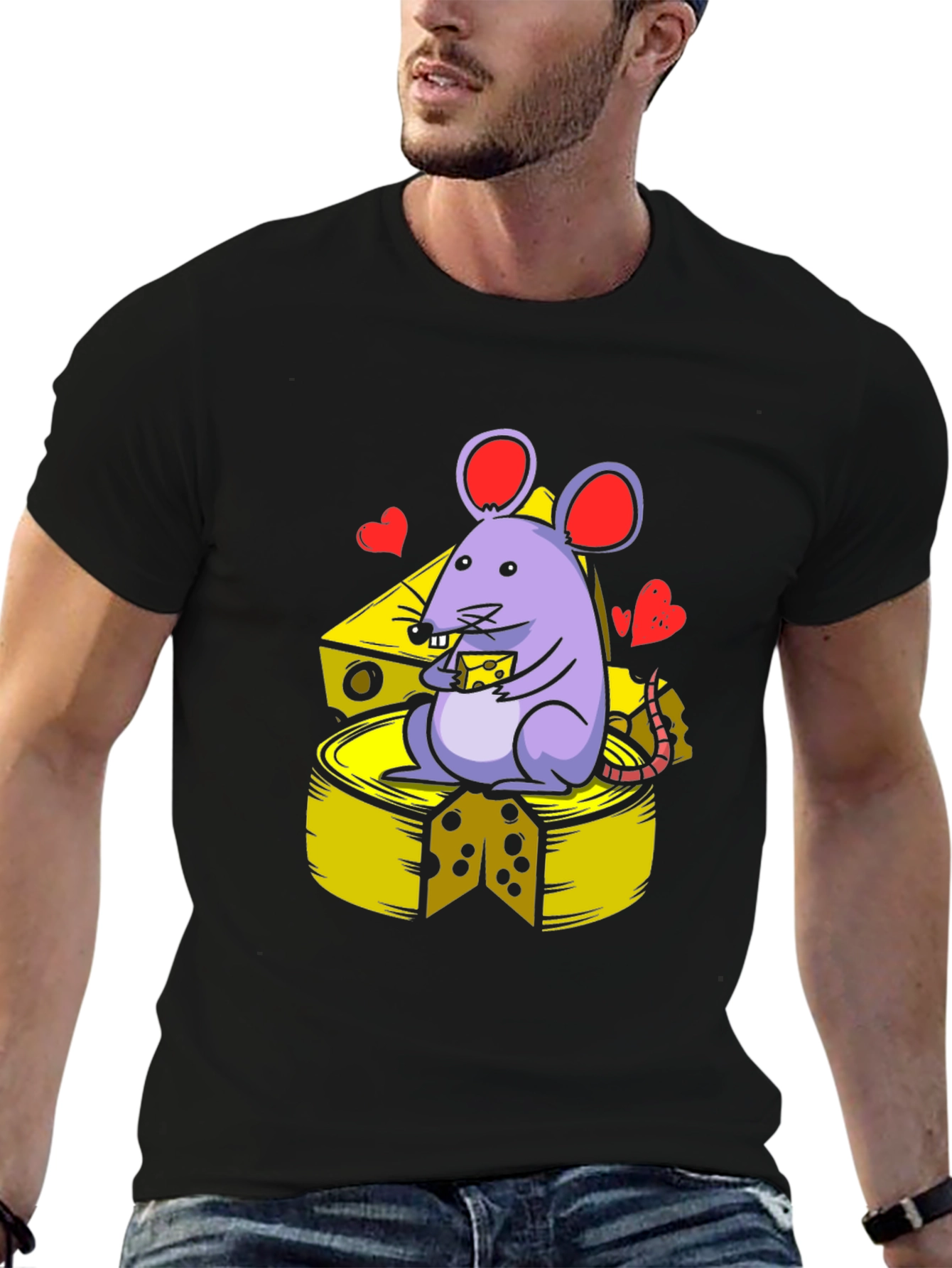 Black Funny Mouse & Cheese Graphic Tee - Unisex Black T-Shirt view 6