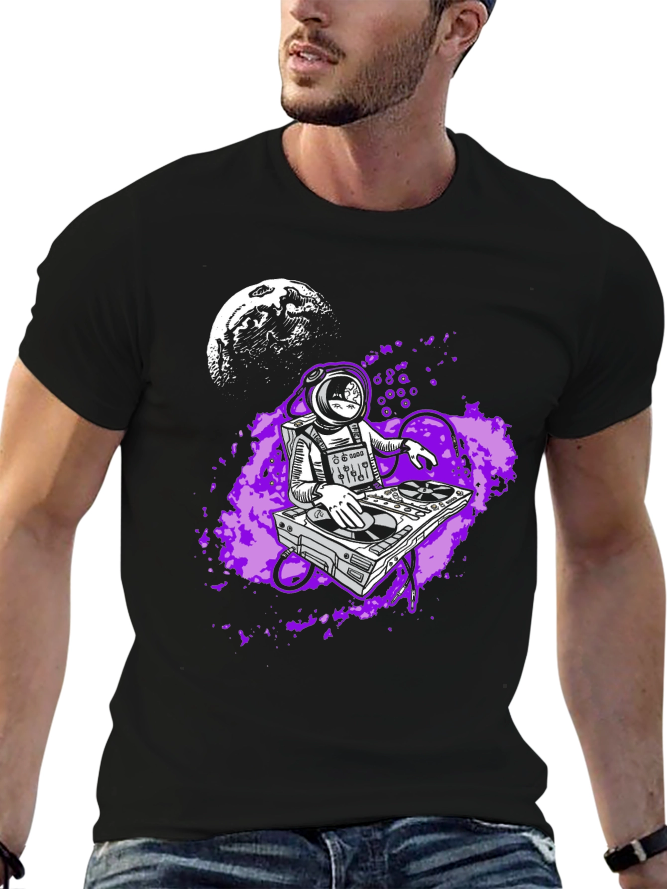 Black DJ Astronaut Graphic Tee - Black Cotton T-Shirt view 6