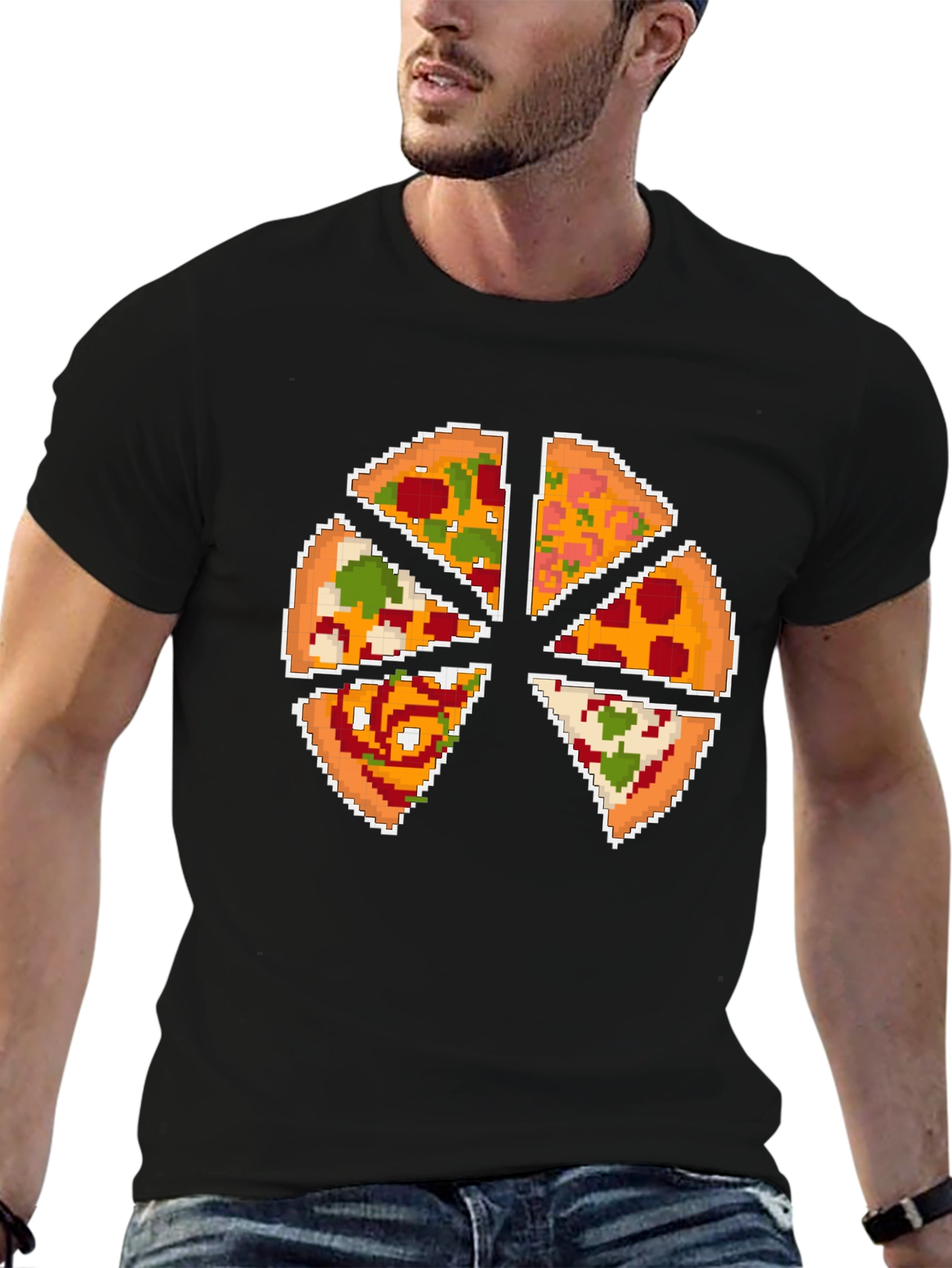 Black Pixel Pizza Slice Graphic T-Shirt - Fun Novelty Tee view 6