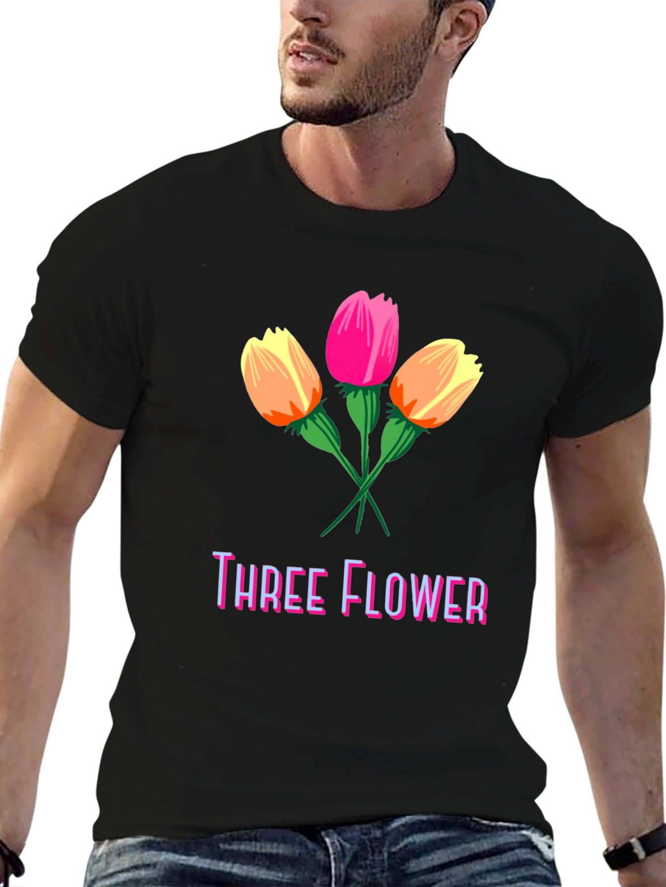 Black Three Flower Graphic T-Shirt - Stylish Cotton Tee view 6