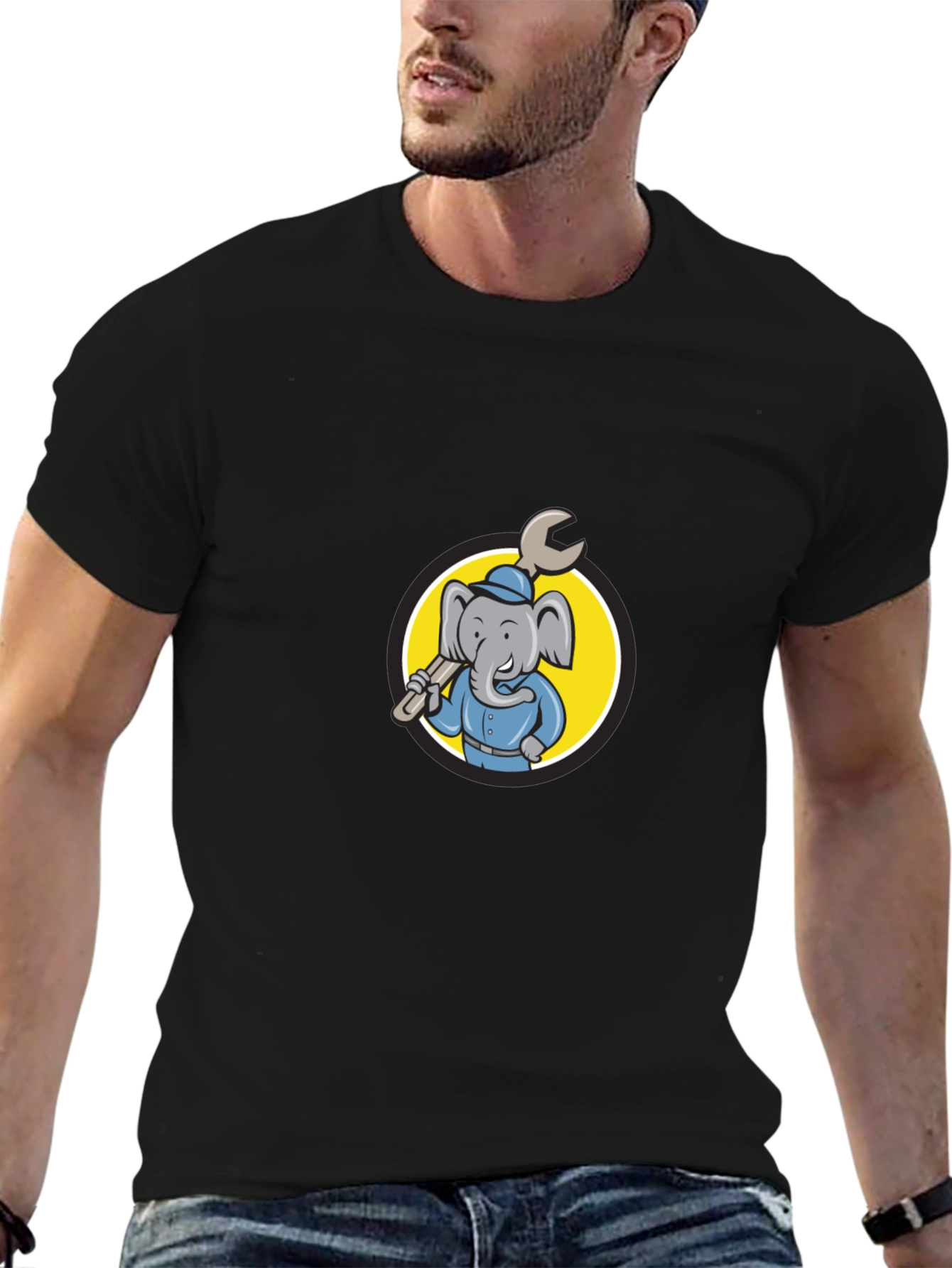 Black Elephant Mechanic T-Shirt - Cartoon Animal Tee view 6