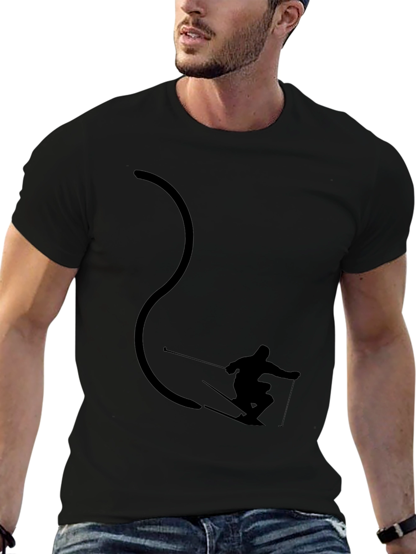 Black Cool Skier Silhouette Black Graphic Tee view 6