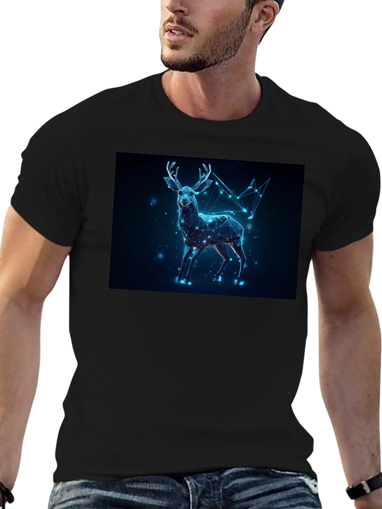 Black Geometric Deer Graphic Tee - Black Crew Neck view 6