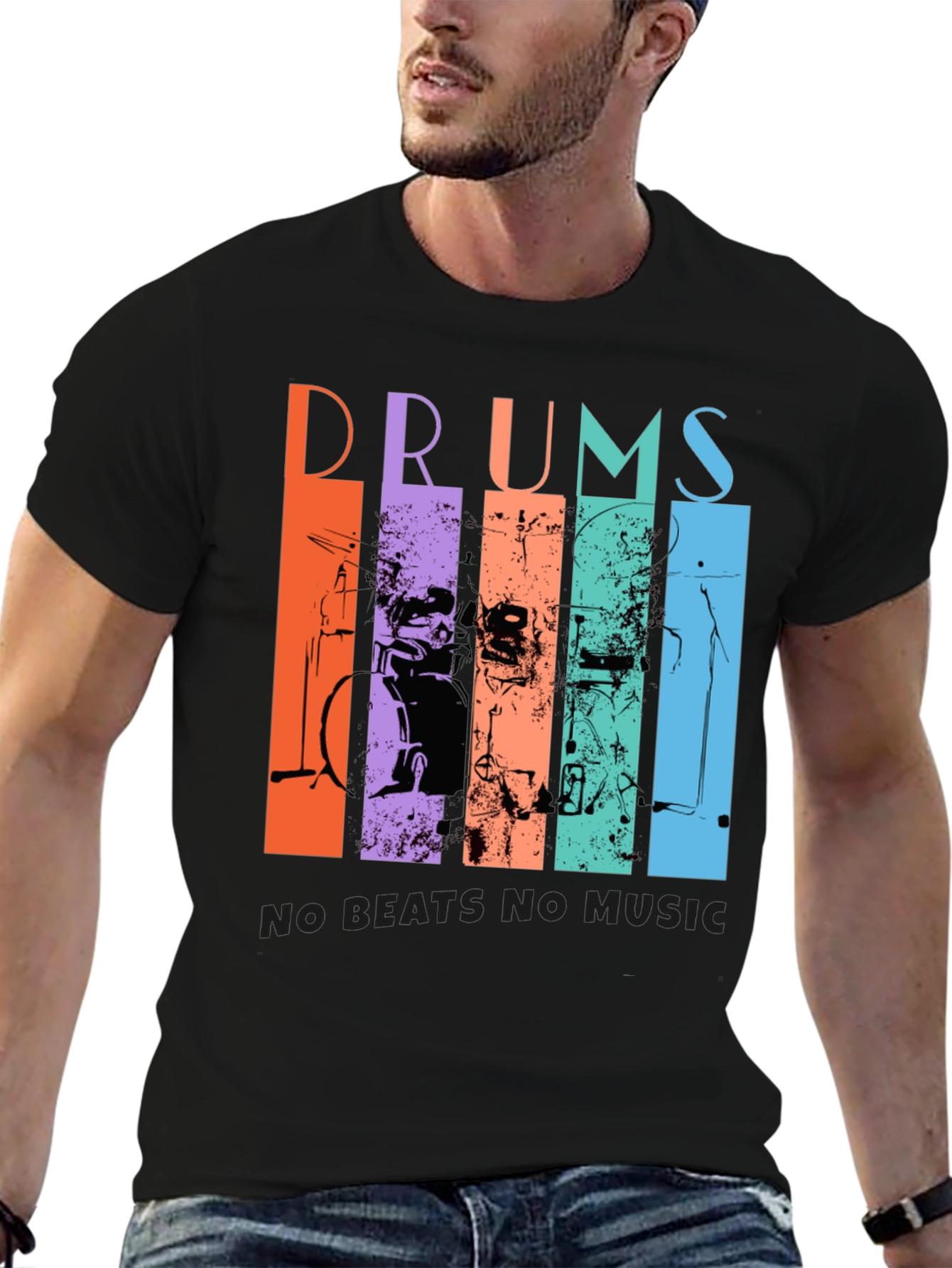 Black Colorful Drums Music Graphic T-Shirt view 6