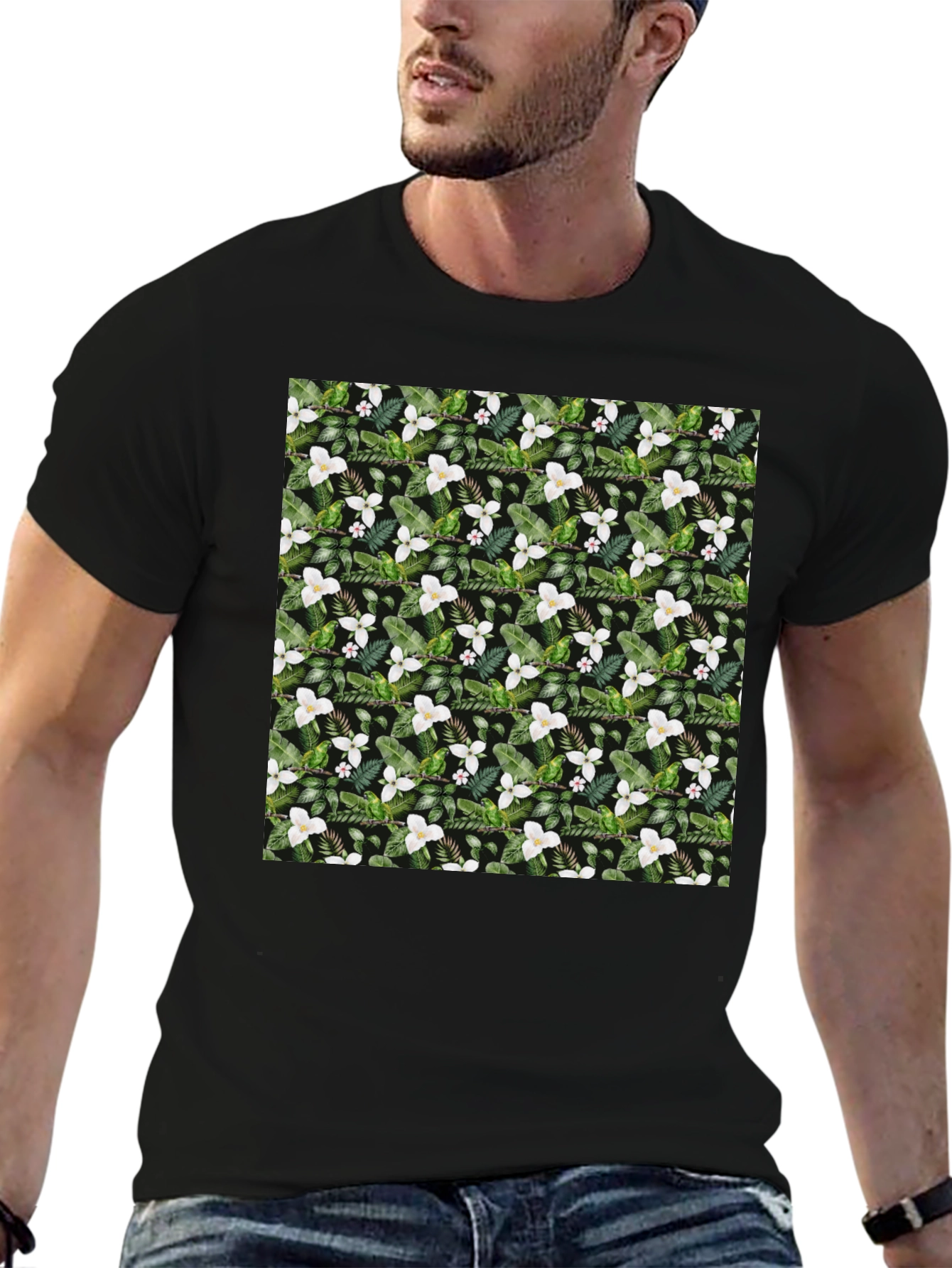 Black Floral Print T-Shirt - Botanical Design view 6