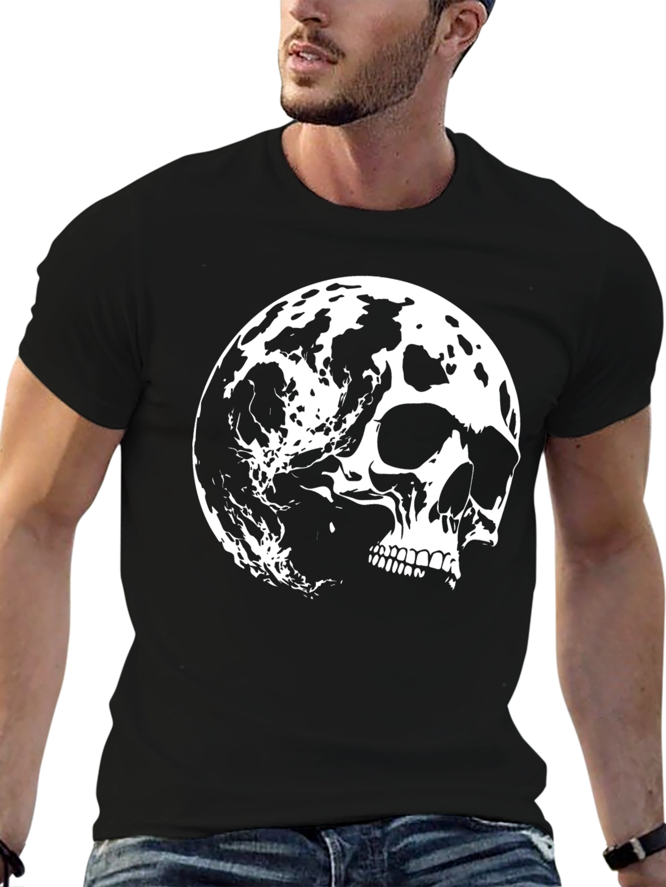 Black Skull Moon Graphic Tee - Black Cotton T-Shirt view 6