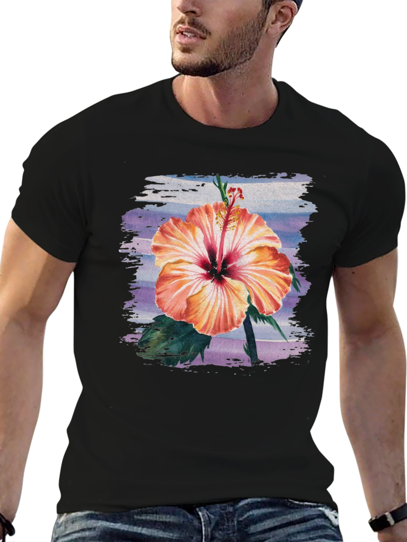 Black Hibiscus Flower Graphic Black T-Shirt view 6