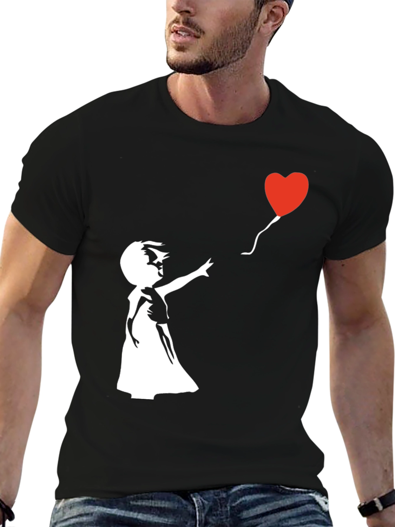Black Banksy Girl with Balloon Graphic T-Shirt view 6
