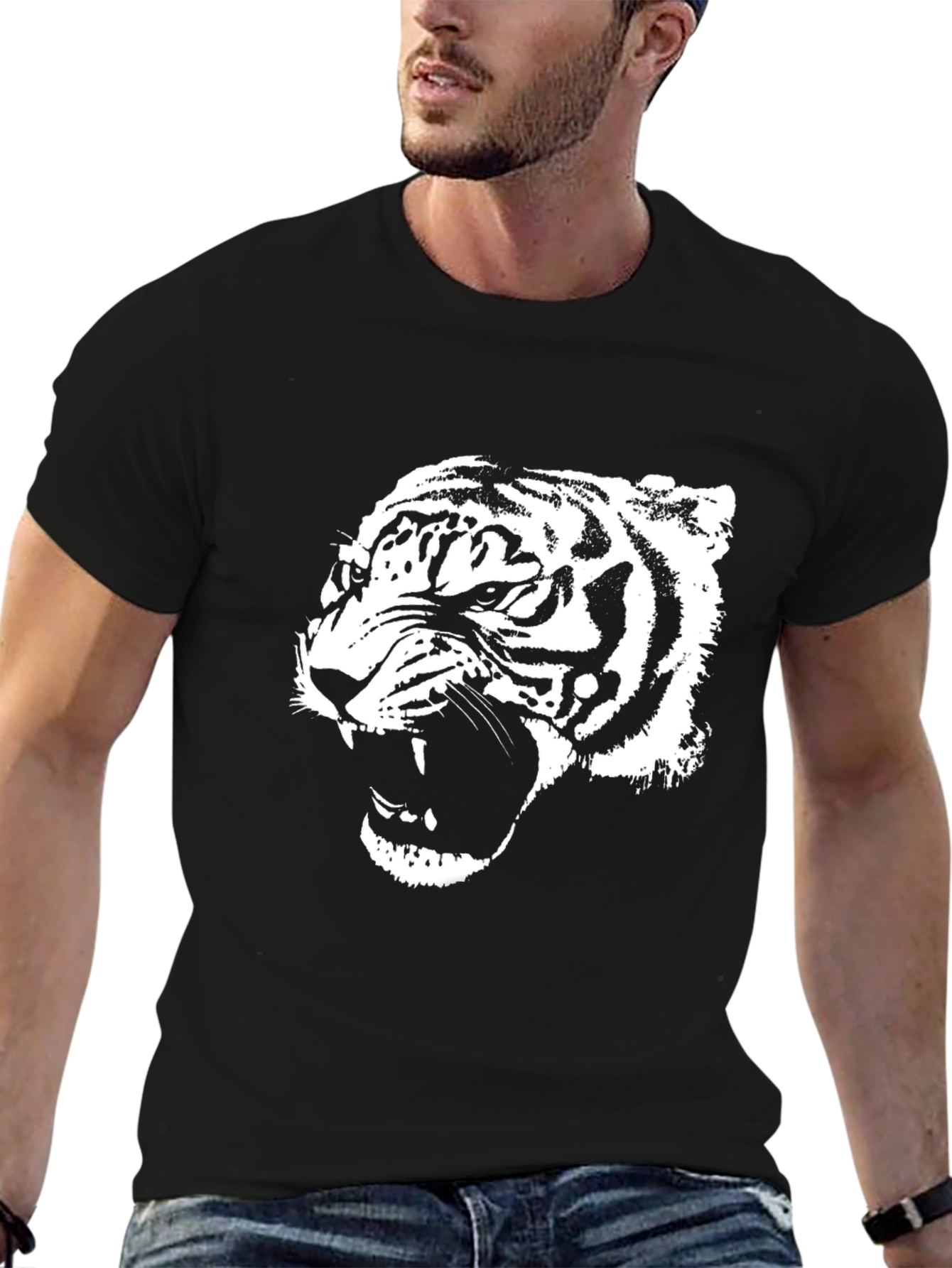 Black Black T-Shirt with White Tiger Graphic view 6
