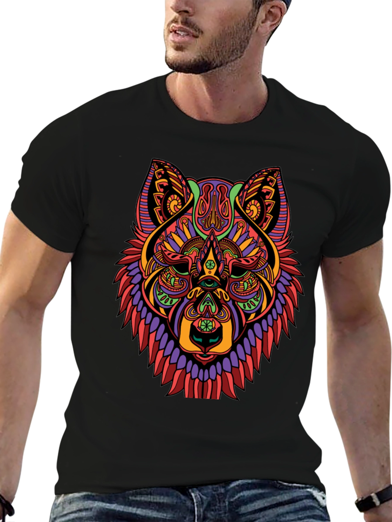 Black Psychedelic Wolf Graphic Print Black T-Shirt view 6