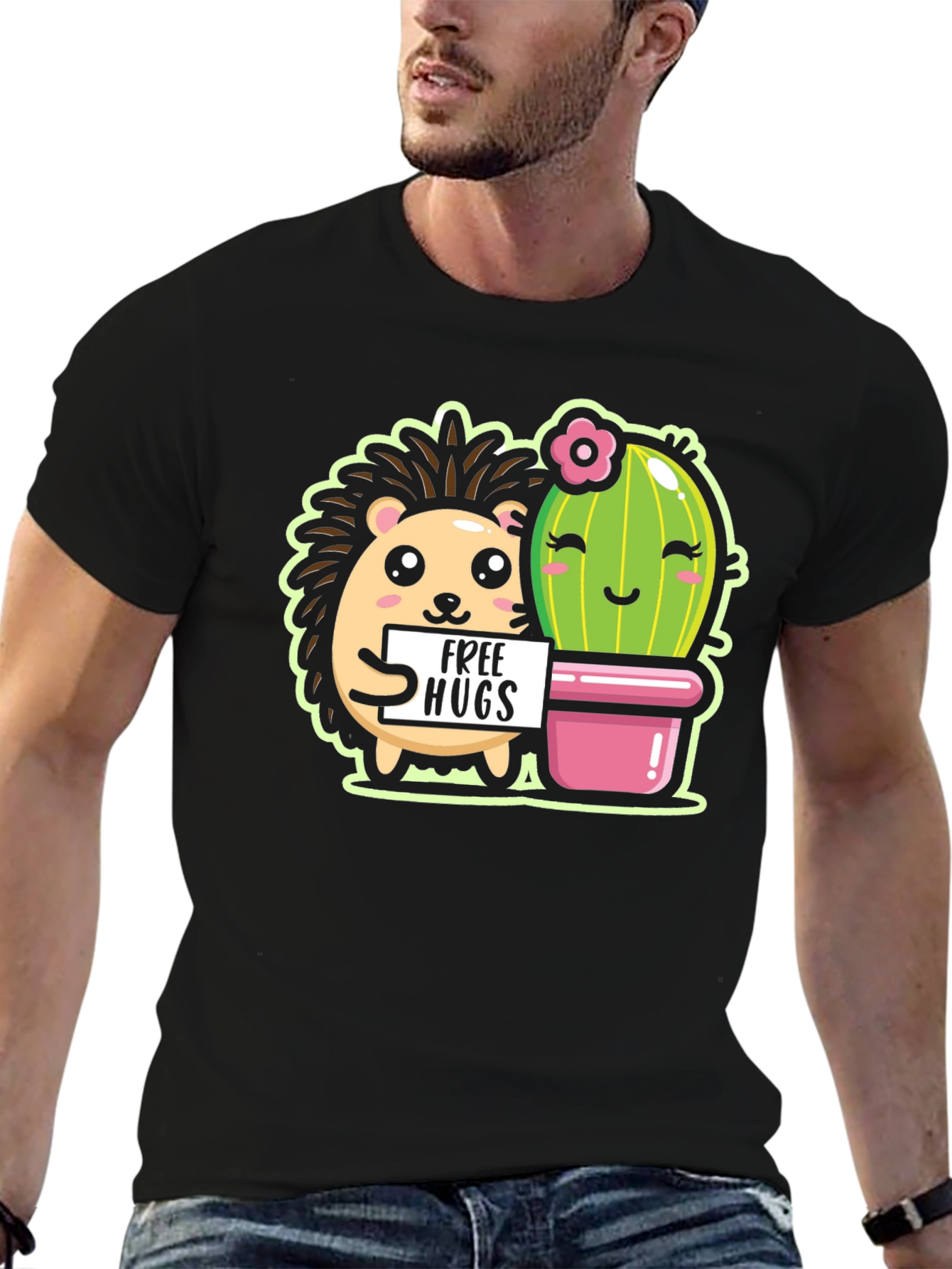 Black Cute Hedgehog & Cactus Free Hugs Black T-Shirt view 6