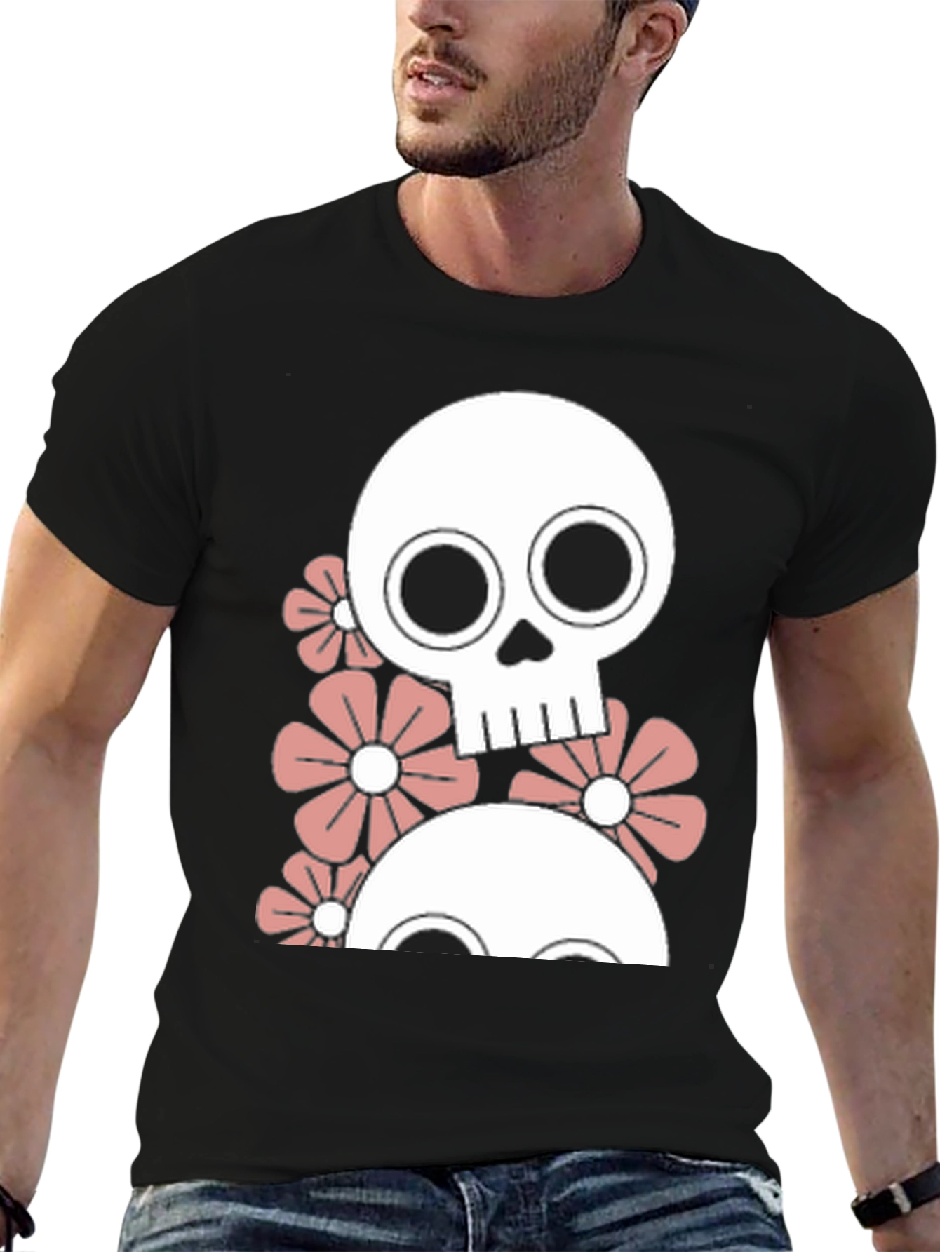 Black Skull & Flower Graphic Tee - Men's Black T-Shirt view 6