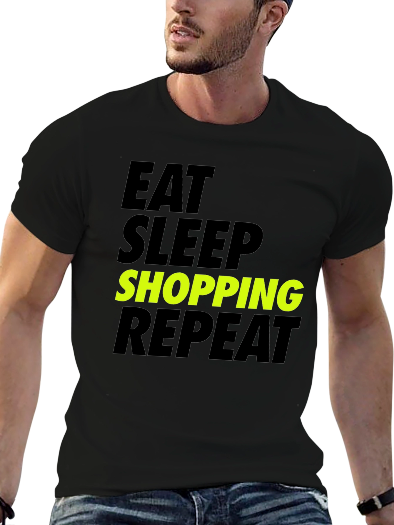 Black Eat Sleep Shopping Repeat T-Shirt - Black Cotton Tee view 6
