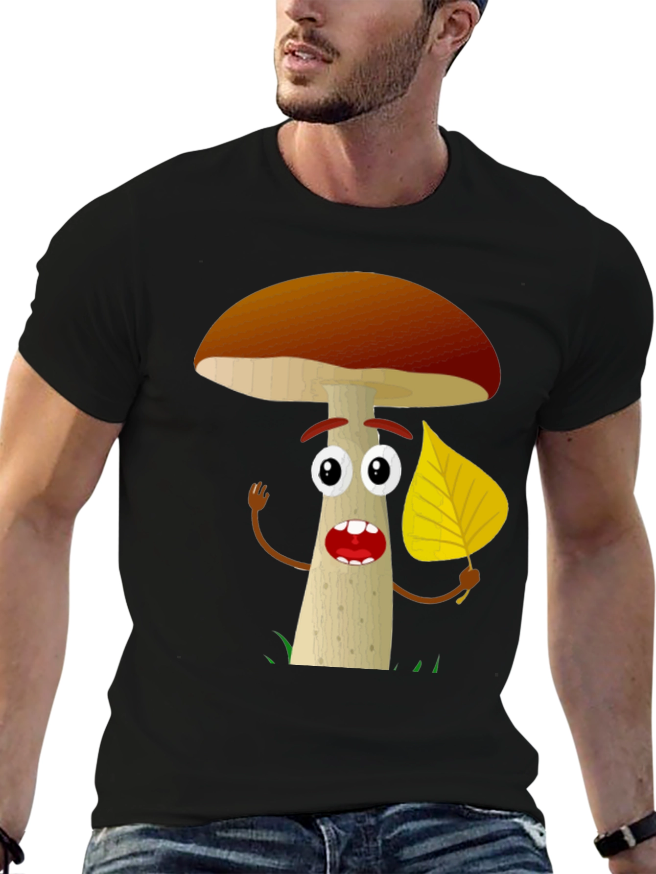 Black Cartoon Mushroom T-Shirt - Funny Nature Tee view 6