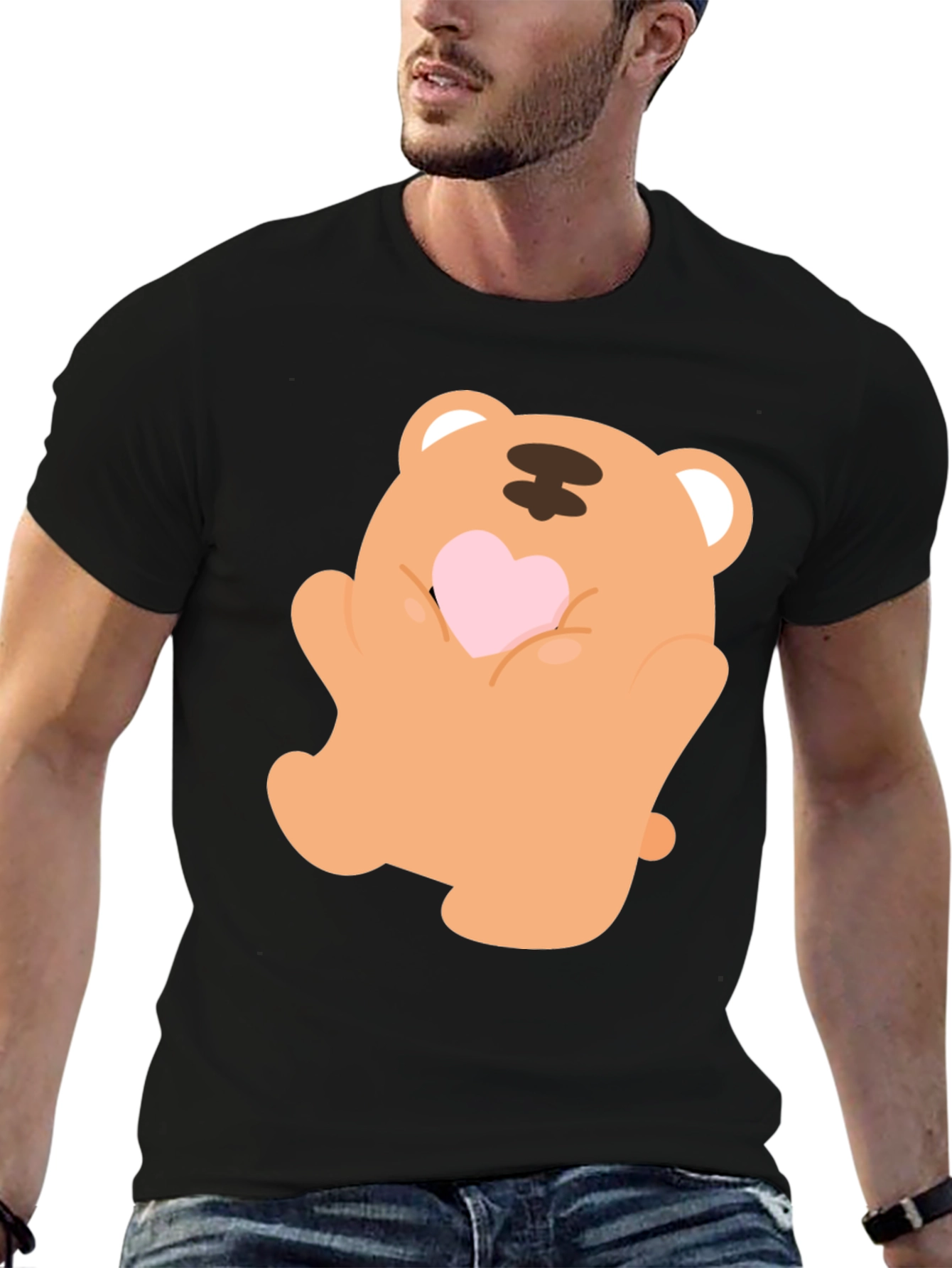 Black Cute Bear Holding Heart Graphic Tee view 6