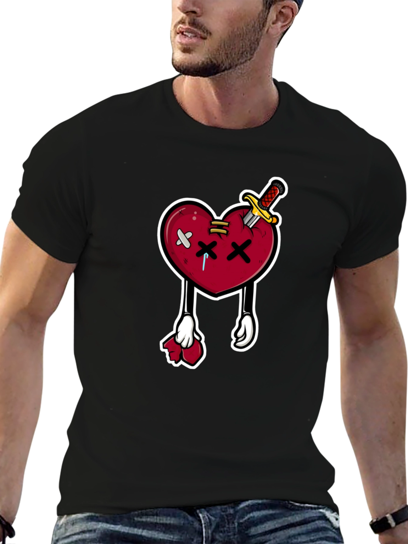 Black Cartoon Heart with Knife T-Shirt view 6