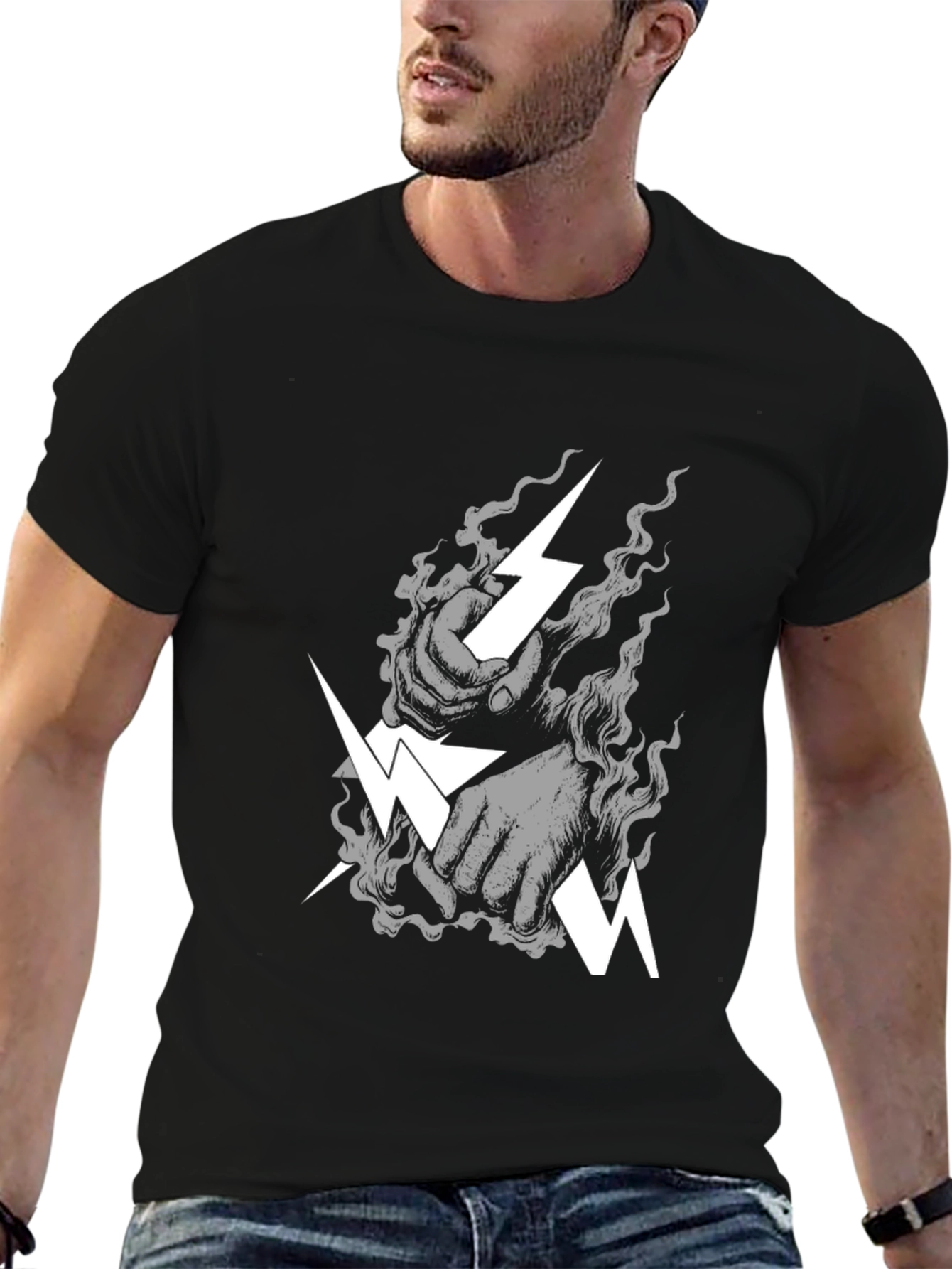 Black Stylish Black T-Shirt with Lightning Bolt Graphic view 6