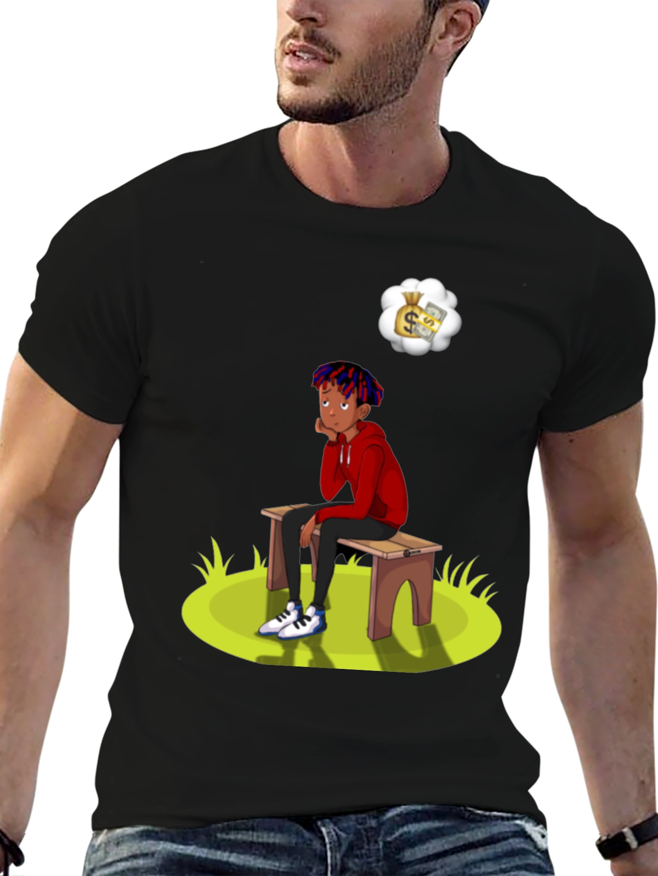 Black Cartoon Graphic Tee -  Boy on Bench Dreaming of Money view 6