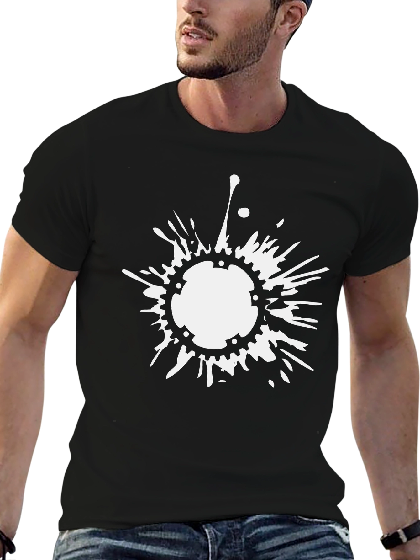 Black Men's Black T-Shirt with White Splash Graphic view 6