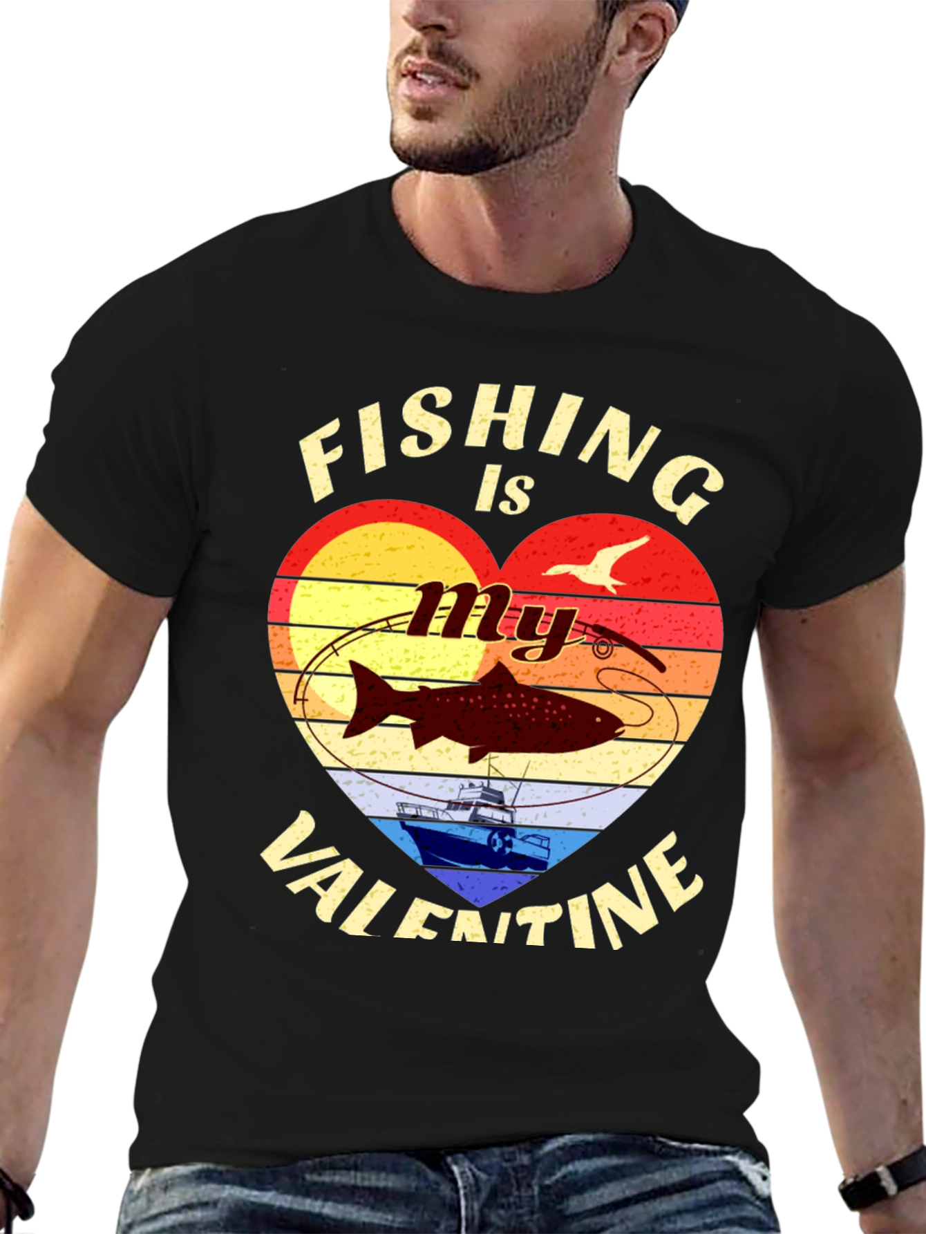 Black Fishing Valentine's Day Graphic T-Shirt view 6