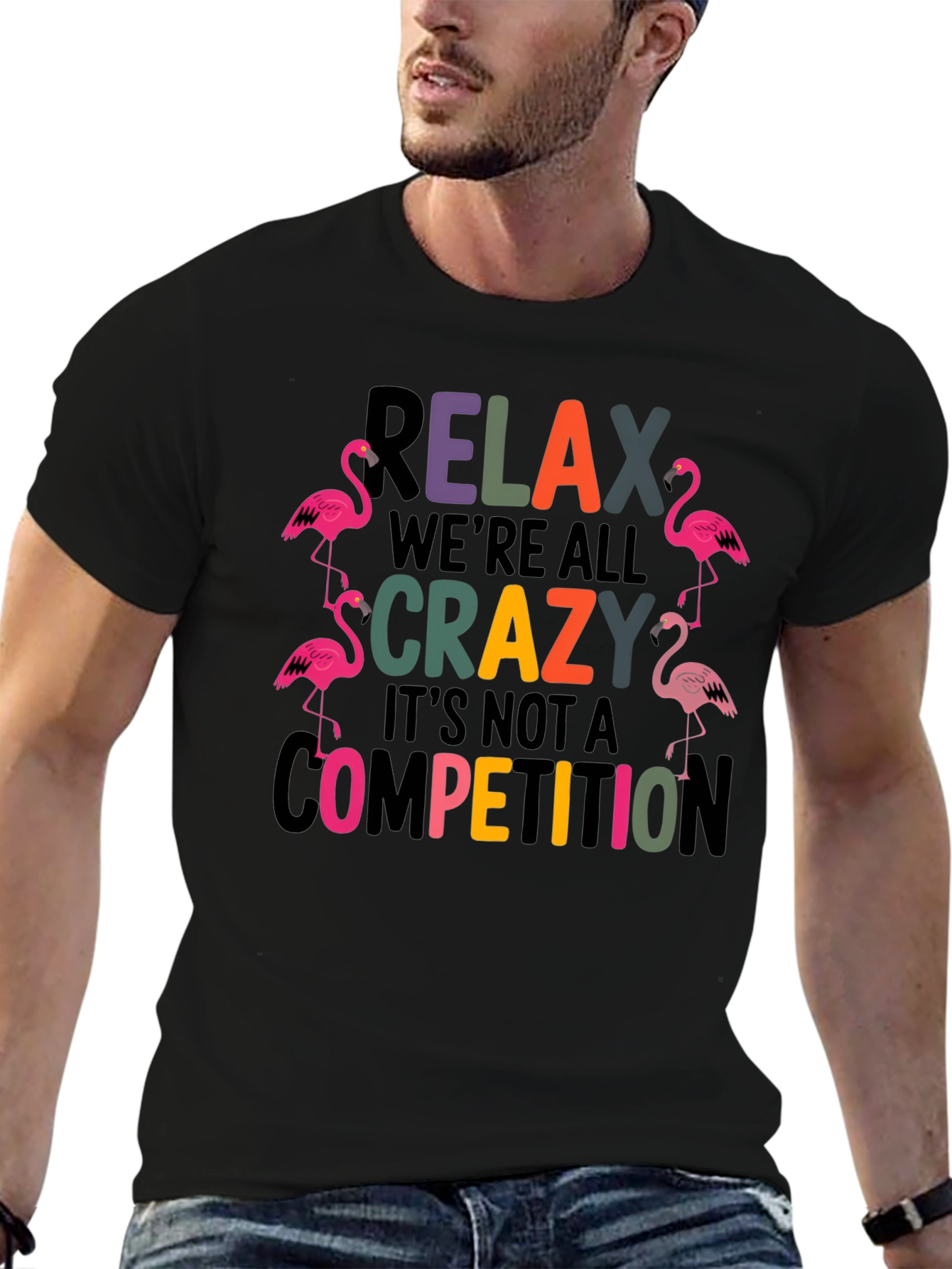 Black Relax We're All Crazy Flamingo T-Shirt view 6