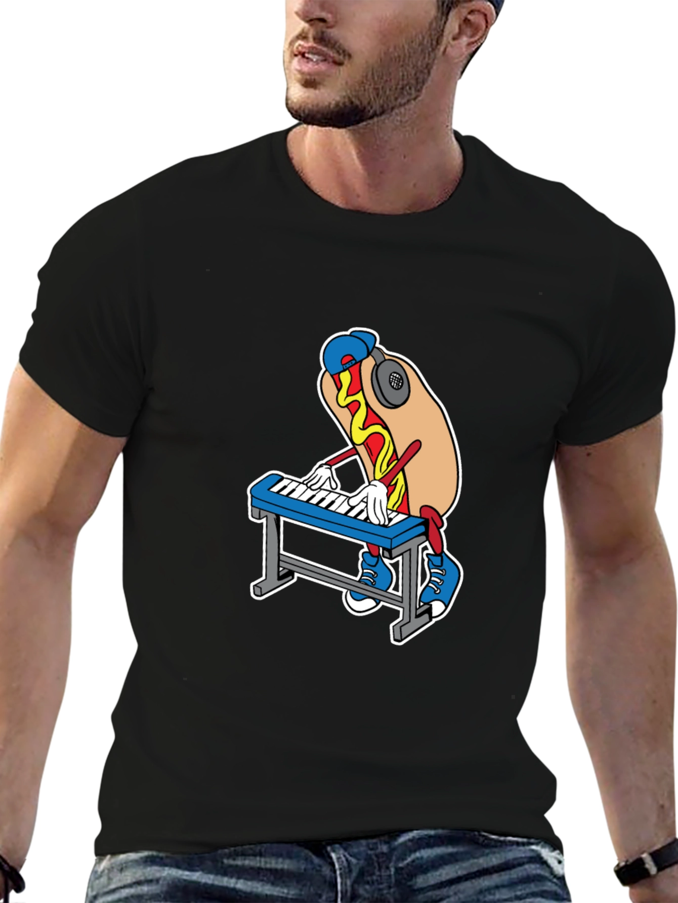 Black Cool Hotdog Keyboardist Graphic Tee view 6