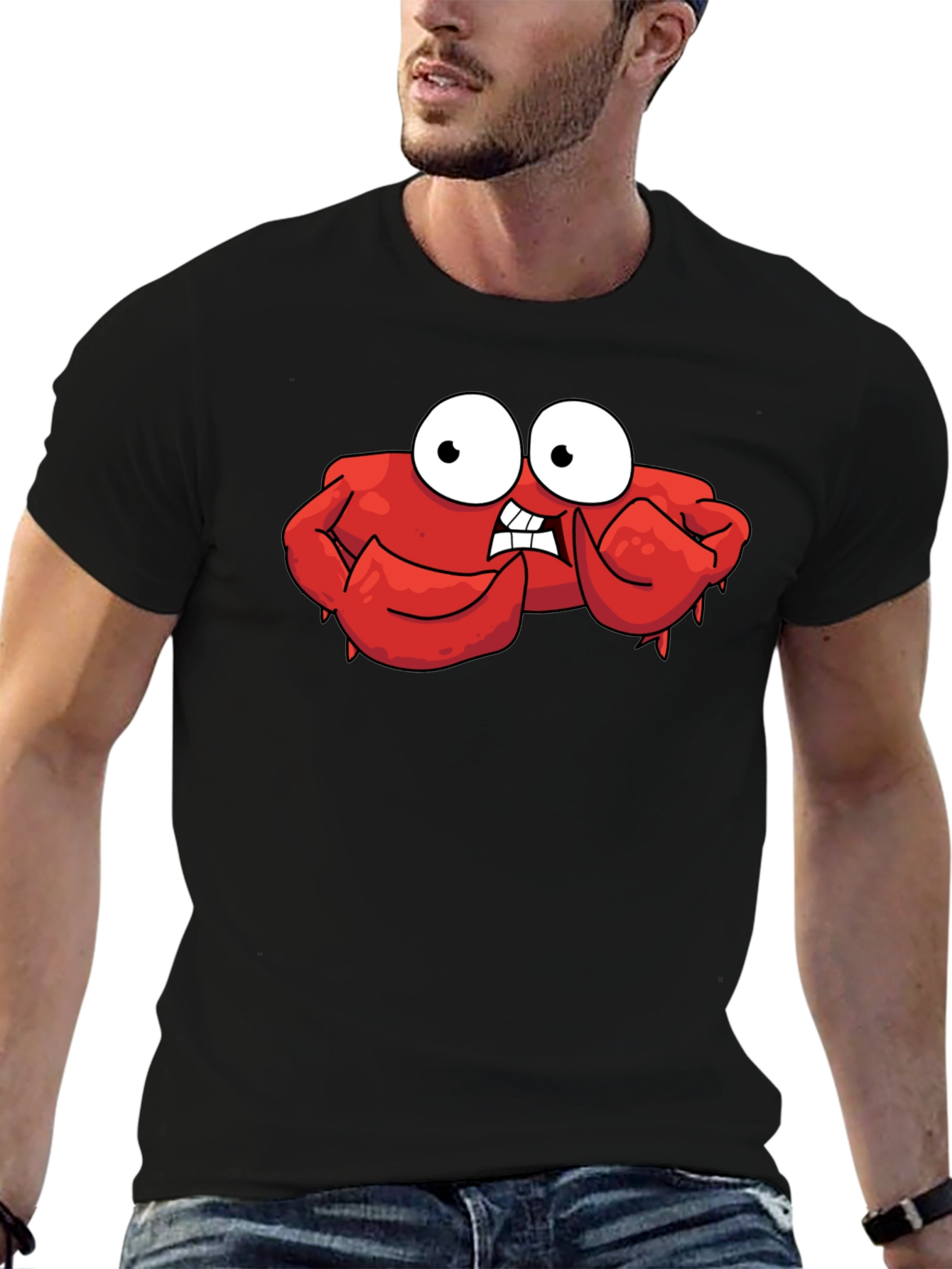 Black Funny Cartoon Crab Graphic Black T-Shirt view 6