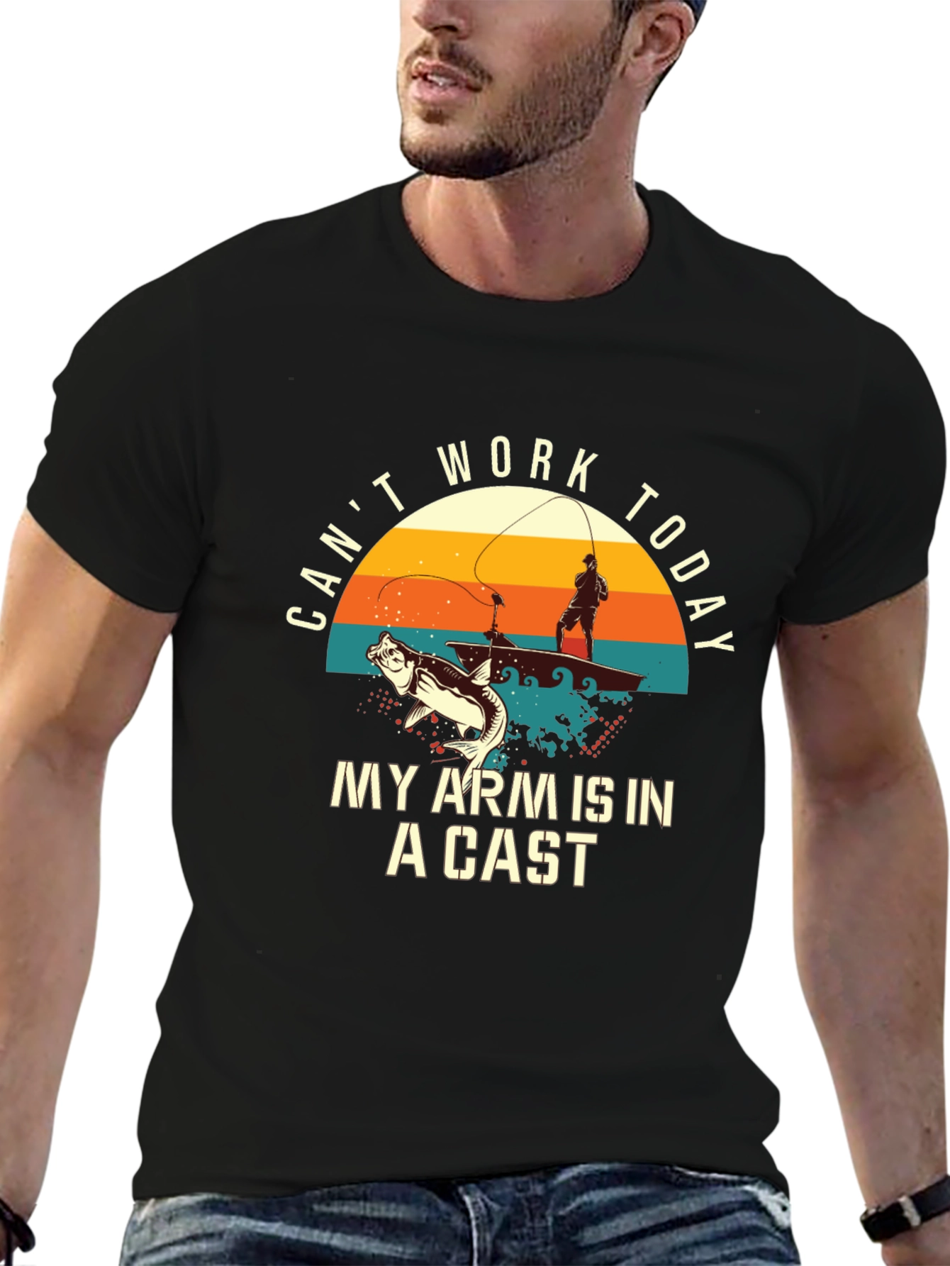 Black Fishing T-Shirt: Can't Work Today - My Arm Is In A Cast view 6