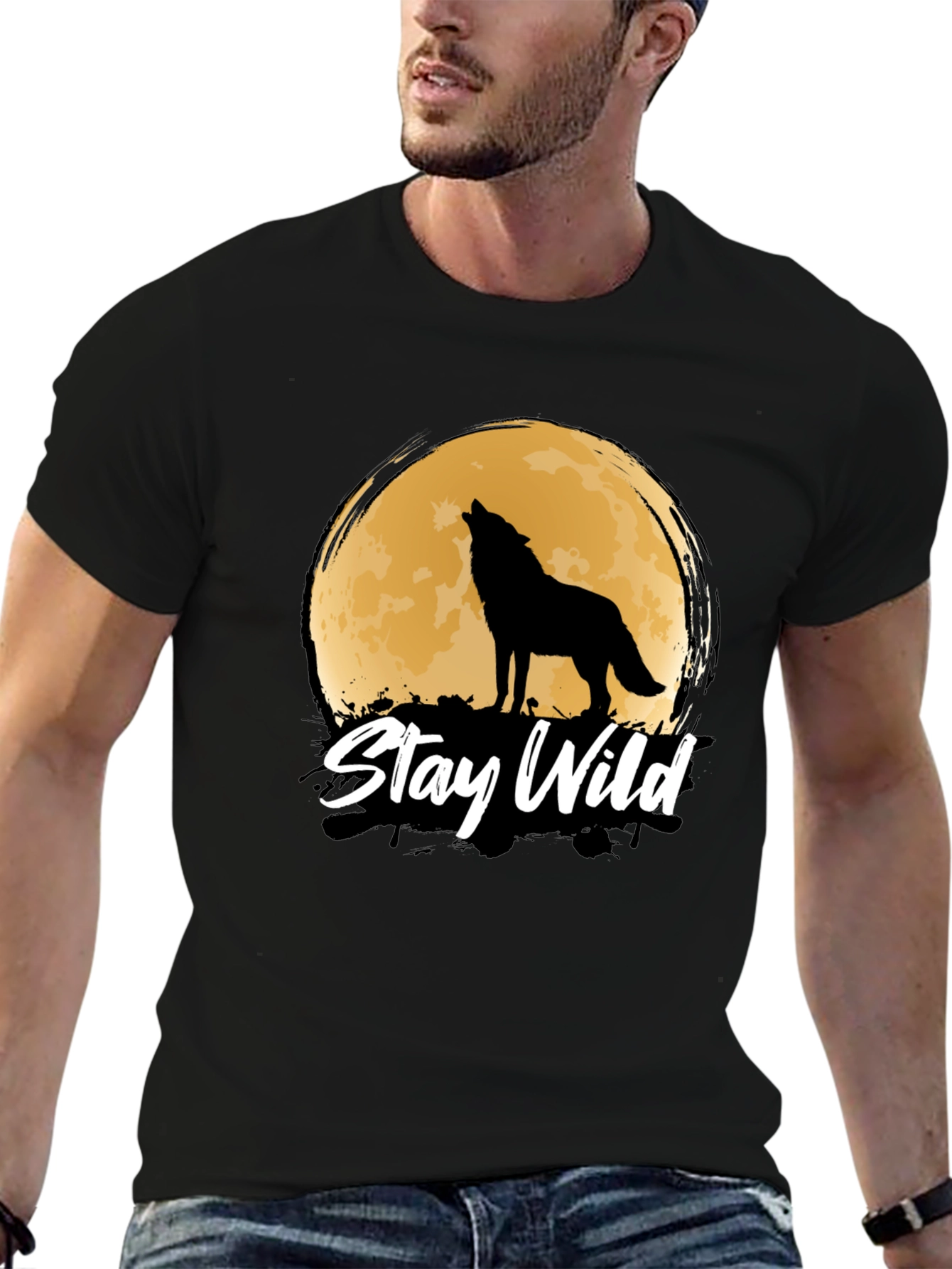 Black Stay Wild Wolf Moon Graphic Tee view 6