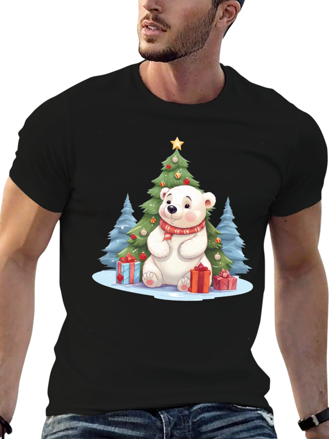 Black Festive Polar Bear Christmas T-Shirt view 6